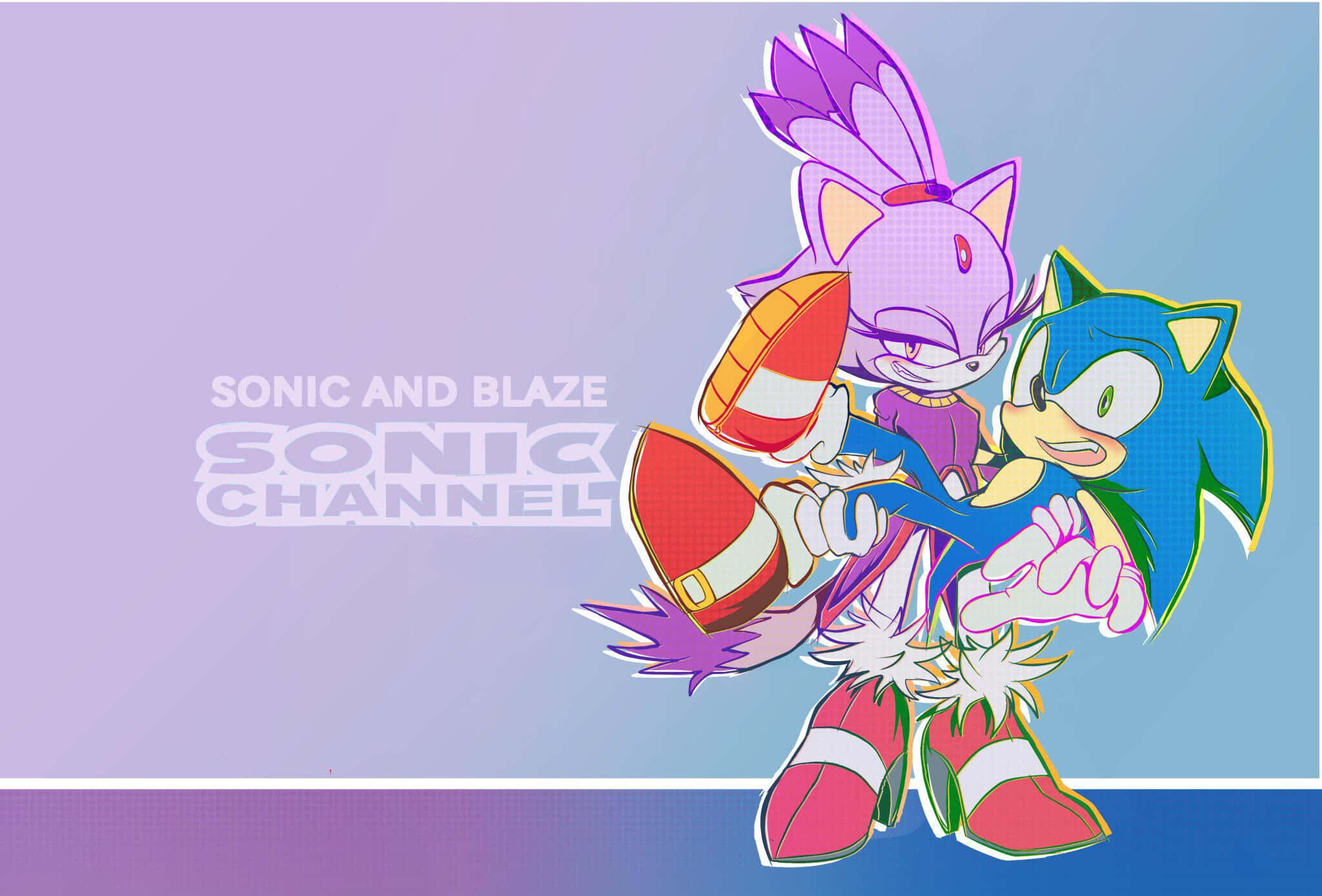 Sonic And Blaze 桌布 壁紙 — Sonic 和 Blaze 一起站在充滿活力的漸變背景上，帶有 'Sonic and Blaze Sonic Channel' 文字。