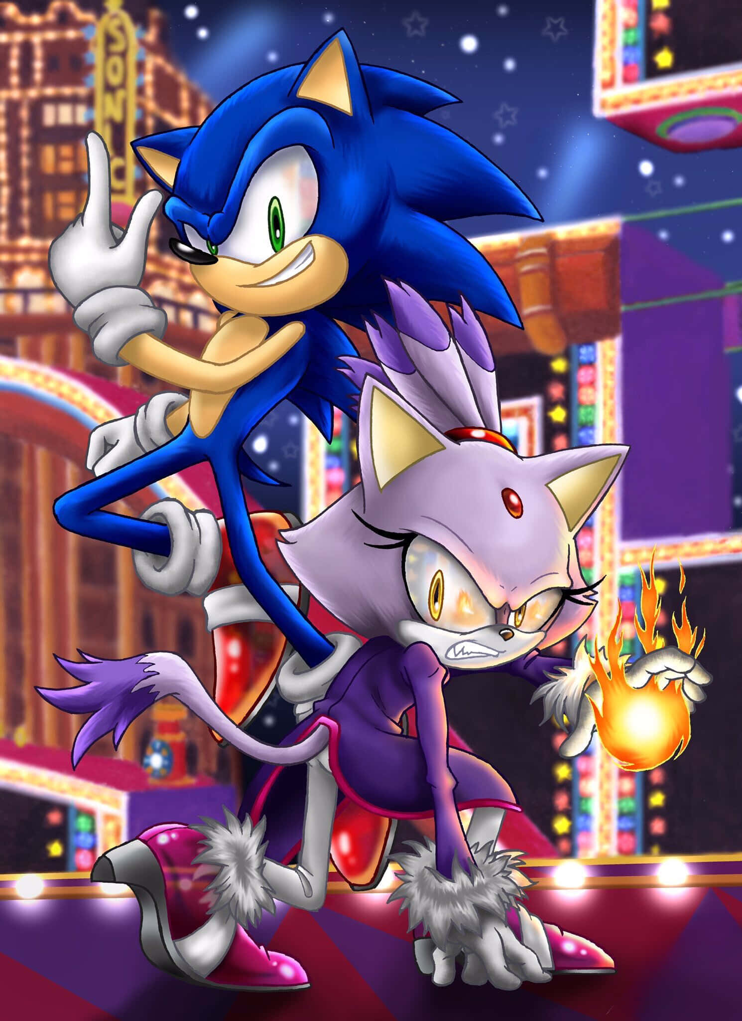 Sonic And Blaze 桌布 壁紙 — Sonic 和 Blaze 在繁星夜空下的霓虹燈城市景觀中動感擺姿勢。
