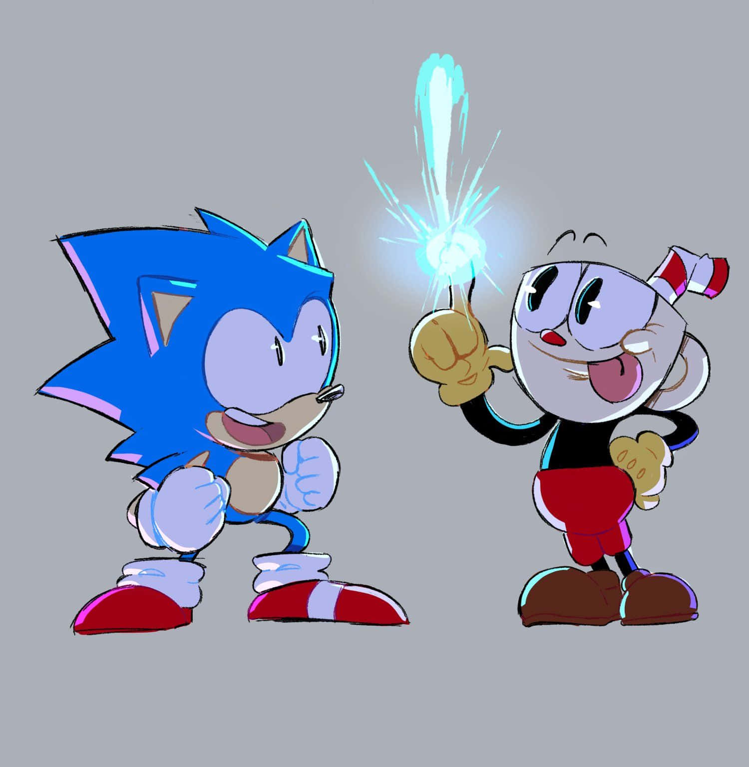 茶杯頭 桌布 壁紙 — Sonic 和 Cuphead 並肩站在純灰色背景前，Cuphead 手持發光的藍色煙火棒。