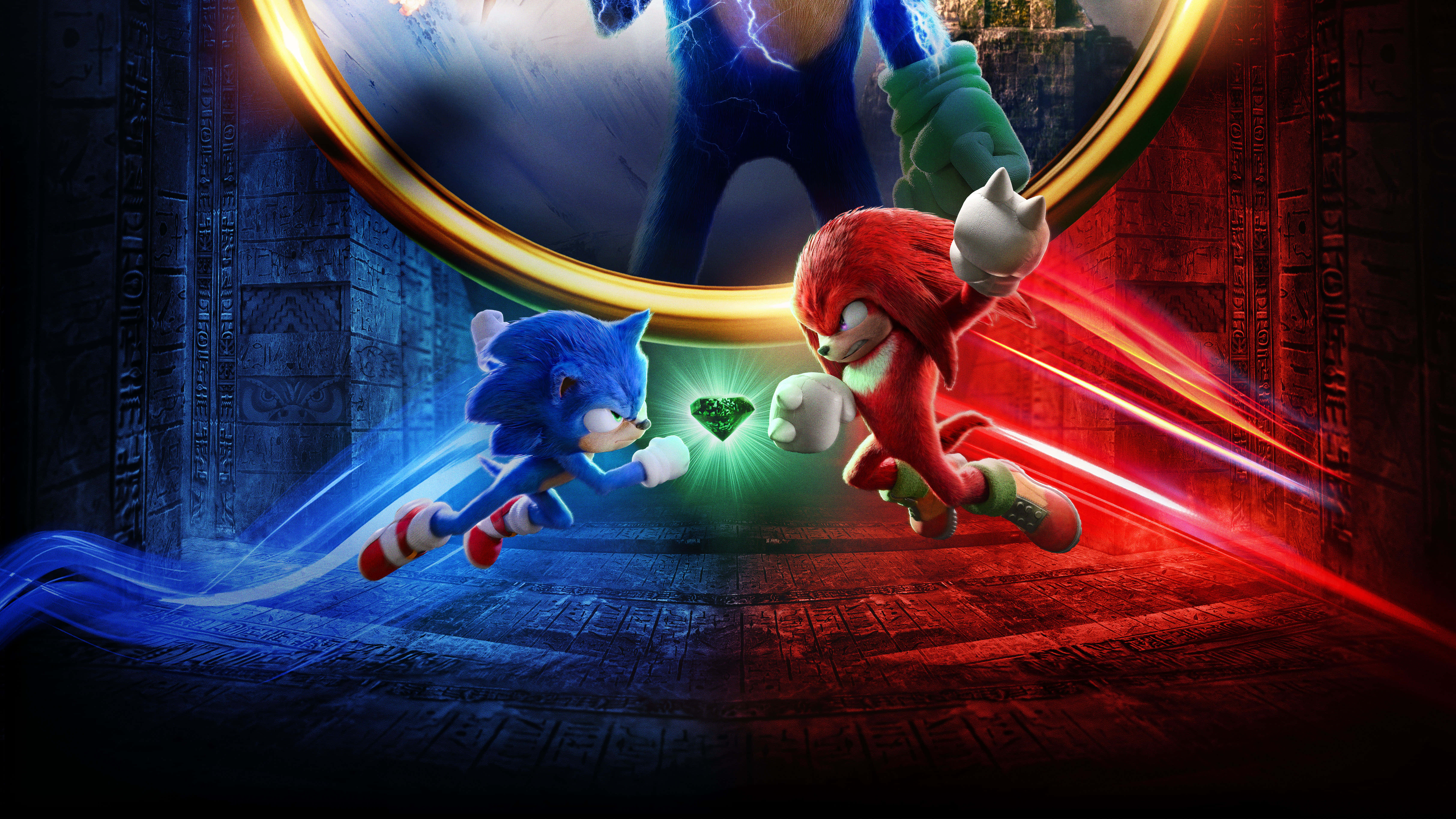 Sonic The Hedgehog 桌布 壁紙 — Sonic 和 Knuckles 在黑暗的古老寺廟中穿過發光的金色圓環向相反方向奔跑。