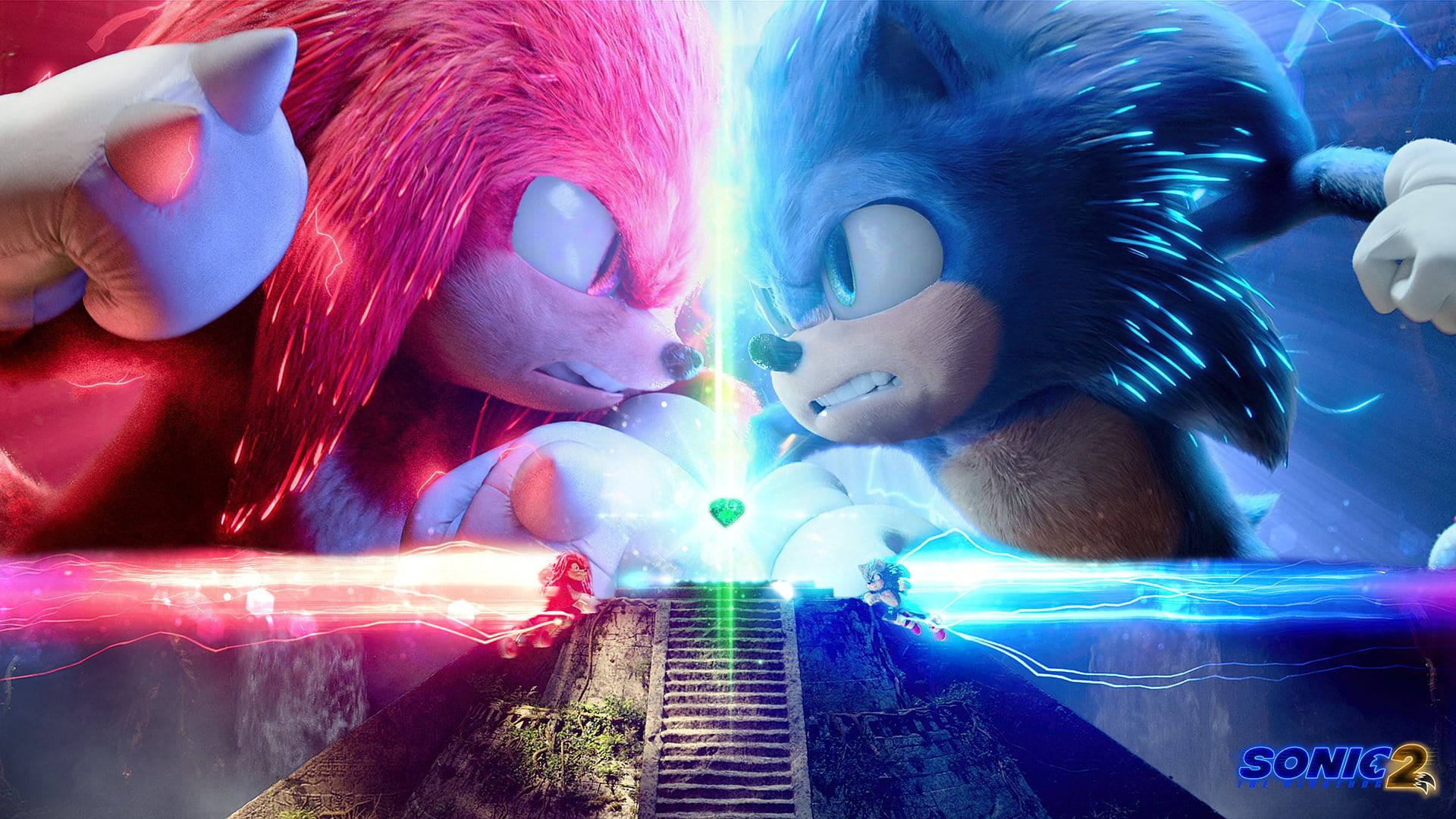 電玩遊戲 桌布 壁紙 — Sonic 和 Knuckles 在石樓梯上方以紅色和藍色能量的發光碰撞對峙。