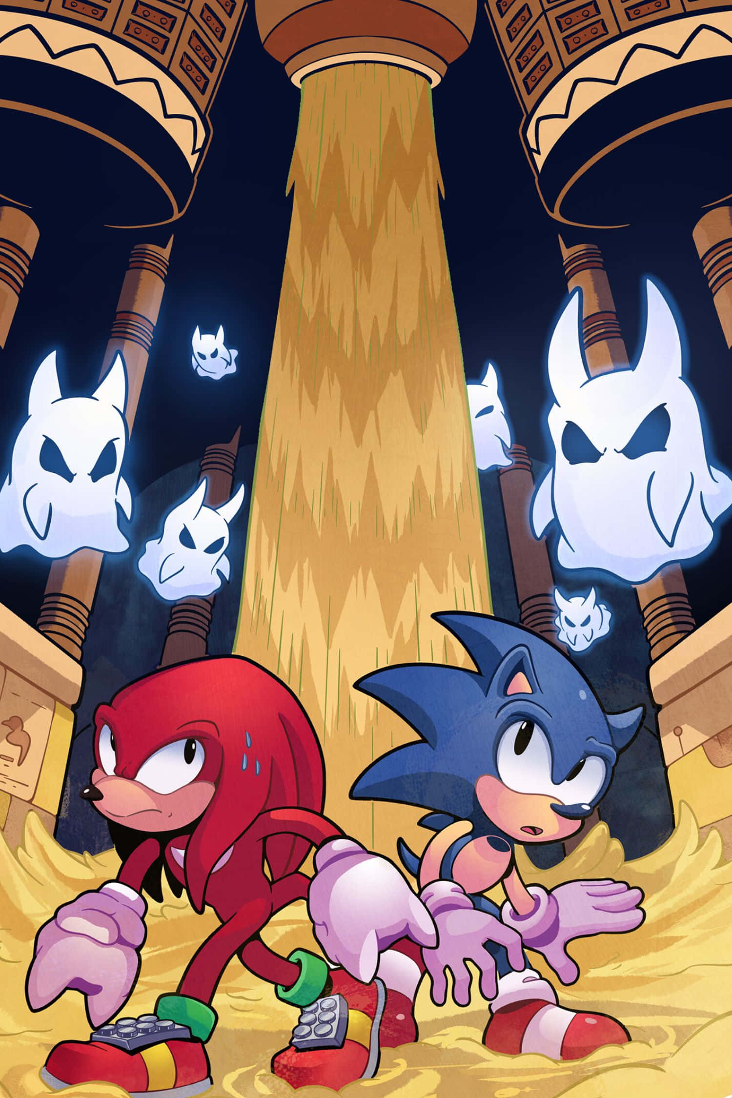 Sonic Sandopolis Zone 桌布 壁紙 — Sonic 和 Knuckles 在金色神殿中狂奔，白色幽靈從上方追趕他們。