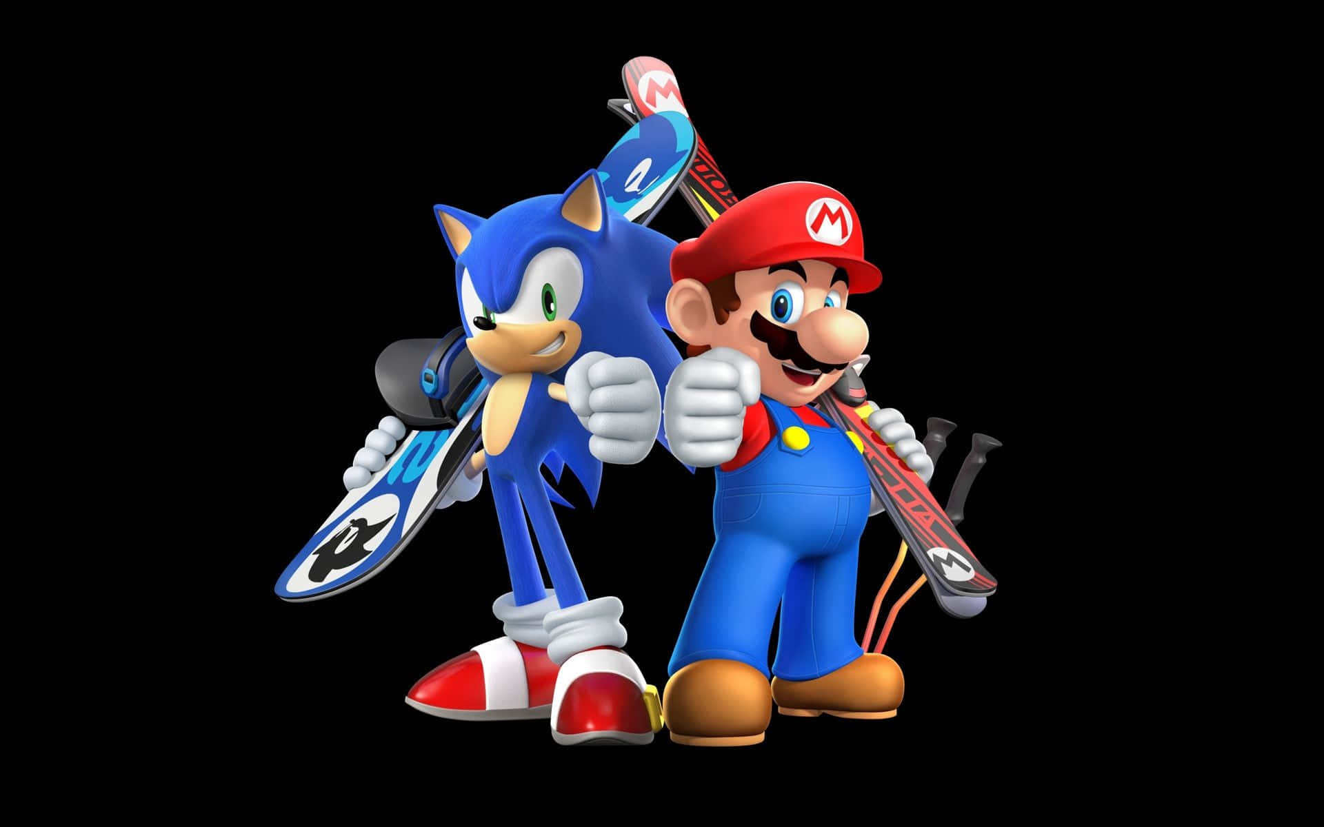 Winter Games 桌布 壁紙 — Sonic 和 Mario 並肩站在黑色背景前，手持滑雪板，表情愉快。