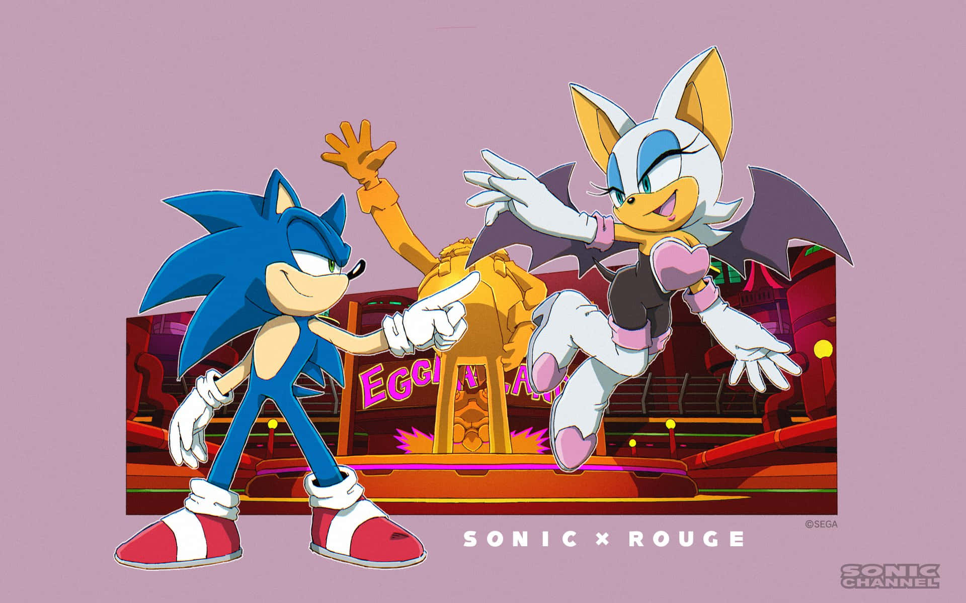 Rouge The Bat 桌布 壁紙 — Sonic 和 Rouge the Bat 在發光的蛋頭博士堡壘前動感擺姿勢，搭配鮮豔的霓虹燈光。