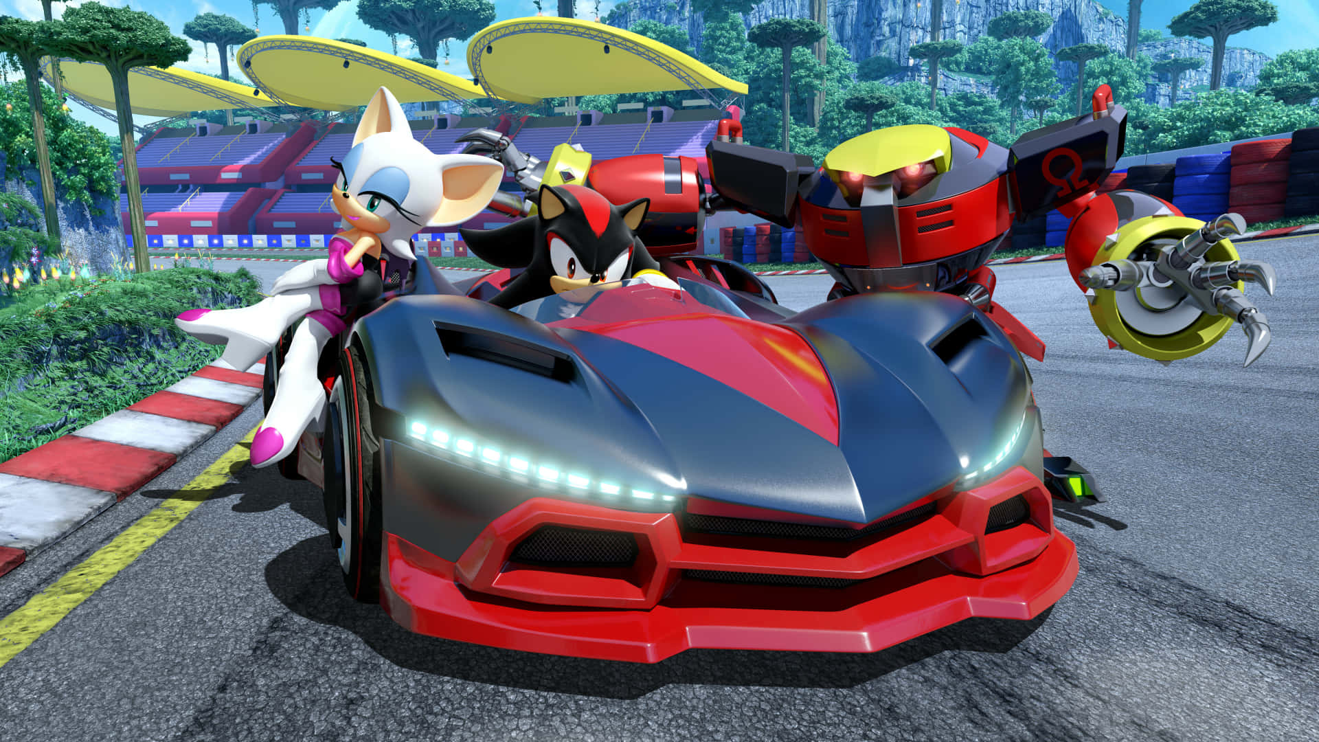 Sonic Battle Racers 桌布 壁紙 — Sonic 和 Rouge 在充滿活力的賽道上駕駛時尚的紅黑色賽車比賽，有未來感的體育館和機器人敵人在追趕。