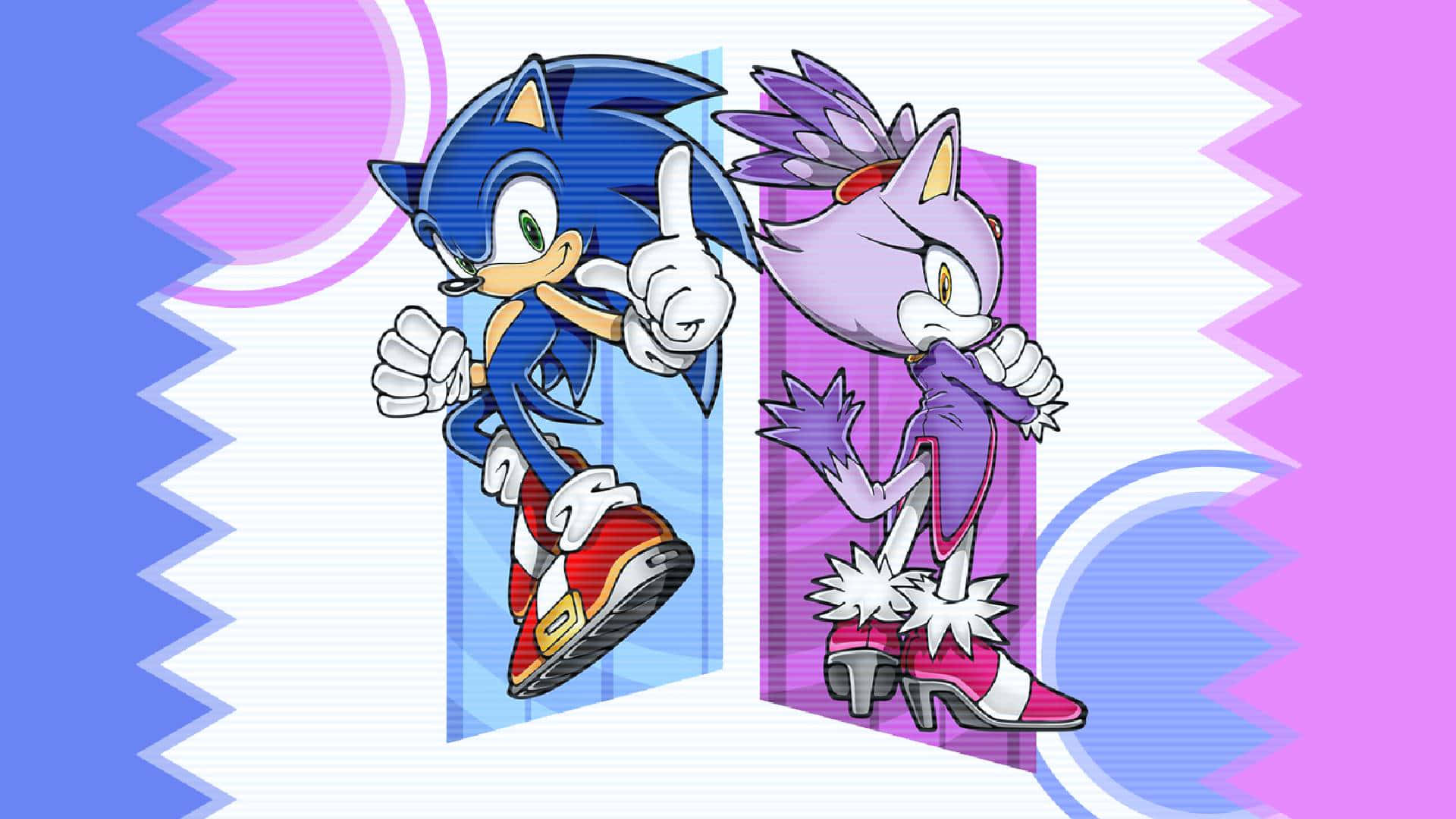 Sonic Fan Art 桌布 壁紙 — Sonic 和 Rouge 自信地站在鮮豔的藍色和紫色面板上，背景是鋸齒形圖案。