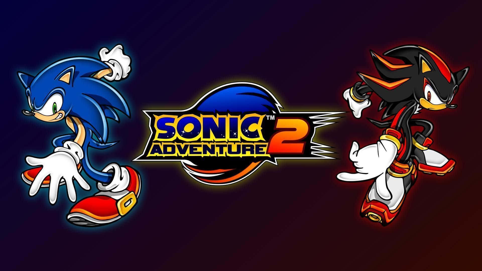 Cartoon 桌布 壁紙 — Sonic 和 Shadow the Hedgehog 在深色漸變背景前，於 Sonic Adventure 2 標誌旁動態奔馳。