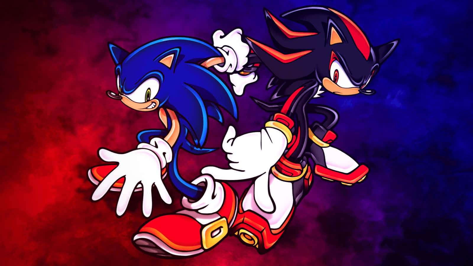 Sonic And Shadow 桌布 壁紙 — Sonic 和 Shadow the Hedgehog 在火紅色和深藍色的漸變背景上並肩競速。
