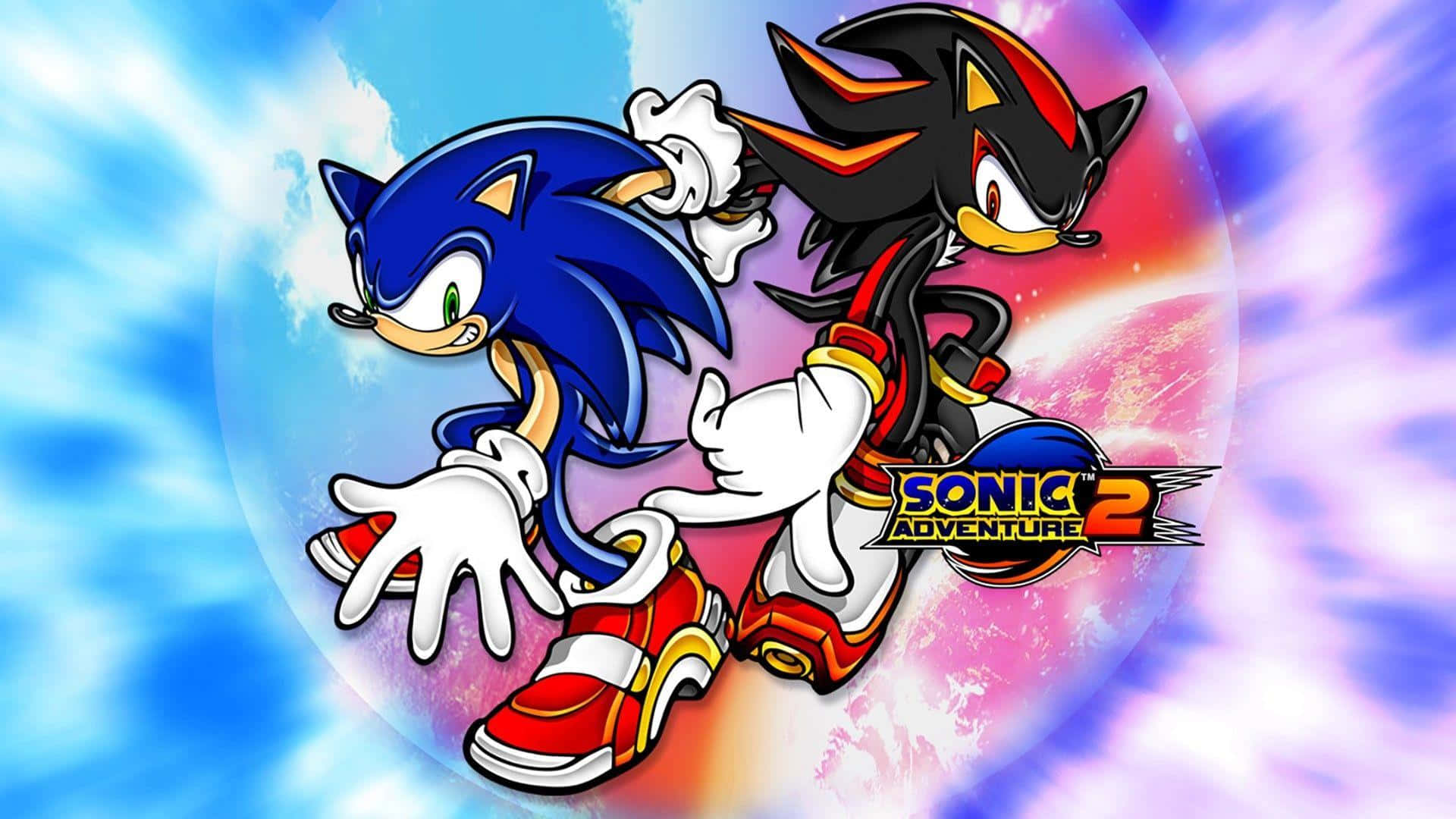 Sonic Adventure HD 桌布 壁紙 — Sonic 和 Shadow 在旋轉的藍色和粉紅色宇宙背景中動態競賽，並帶有 Sonic Adventure 2 標誌。