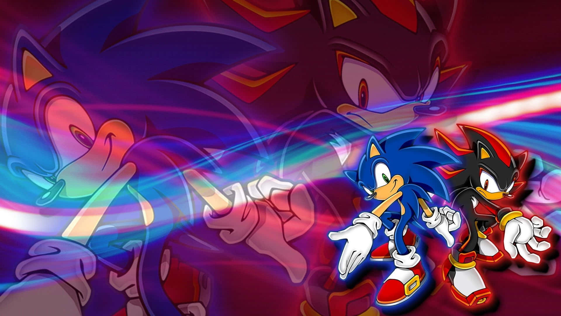 Sonic Adventure HD 桌布 壁紙 — Sonic 和 Shadow 在充滿活力的紫色和藍色能量條紋背景上動態站立，帶有發光的運動軌跡。
