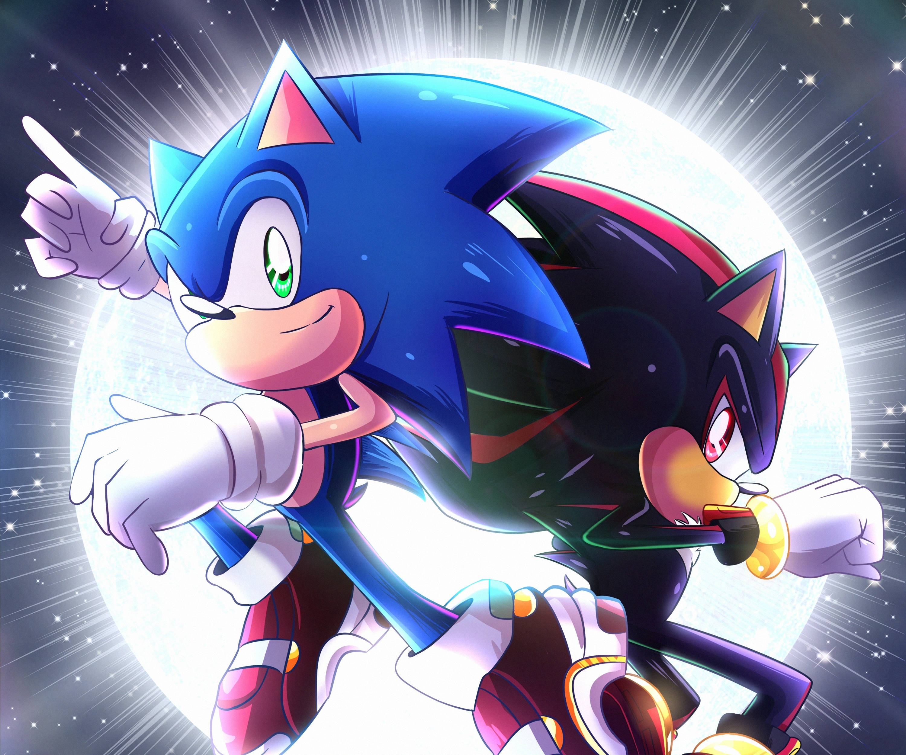 Shadow The Hedgehog 桌布 壁紙 — Sonic 和 Shadow 在發光的月亮背景下動態站立，伴隨著星爆和宇宙閃光。