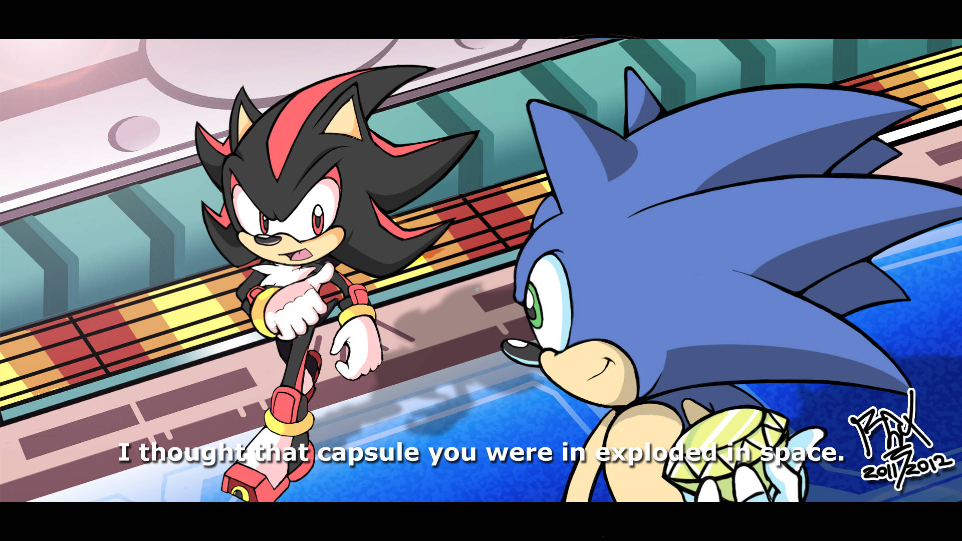 Shadow The Hedgehog 桌布 壁紙 — Sonic 和 Shadow 在未來主義的走廊中對峙，色彩大膽，姿勢動感。