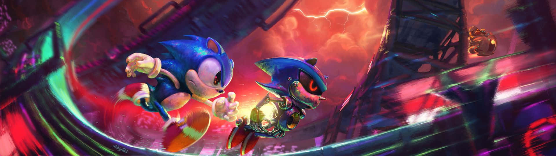 Sonic Cd 桌布 壁紙 — Sonic 和 Shadow 在暴風雨般的紅天下，穿過霓虹燈閃爍的未來城市景觀飛馳。