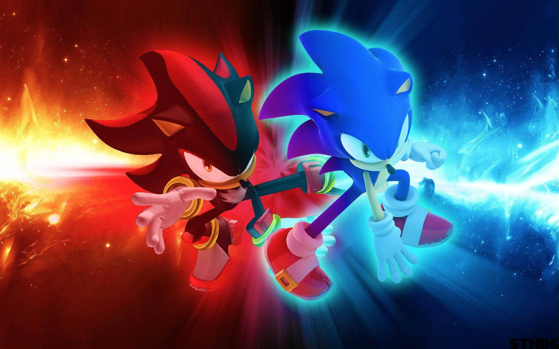 Shadow The Hedgehog 桌布 壁紙 — Sonic 和 Shadow 在宇宙戰鬥中碰撞，從他們身邊散發出熾熱的紅色和電光藍色的能量。