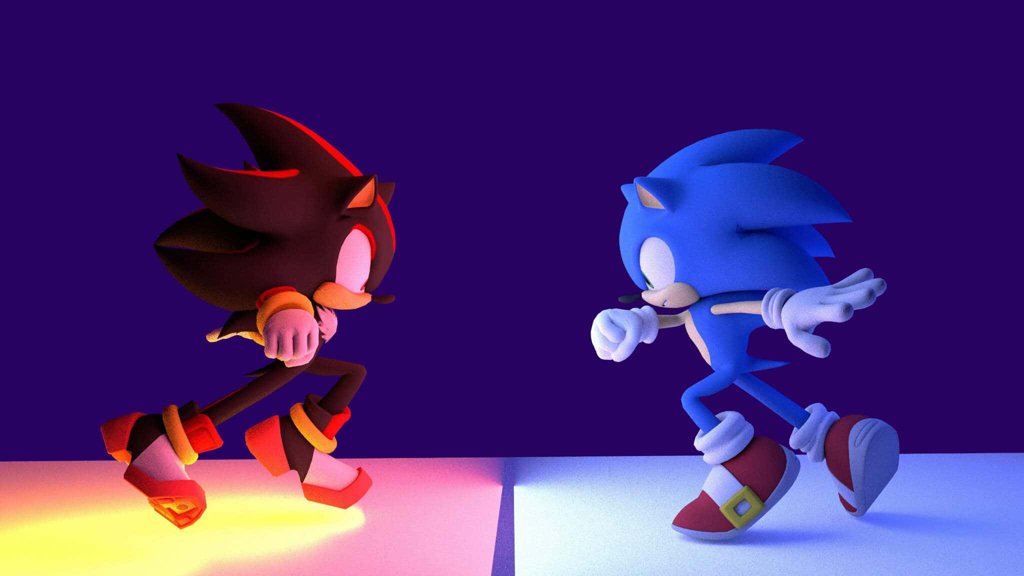Sonic And Shadow 桌布 壁紙 — Sonic 和 Shadow 在充滿活力的霓虹燈競技場中並肩競速，地板發光，深紫色天空下。