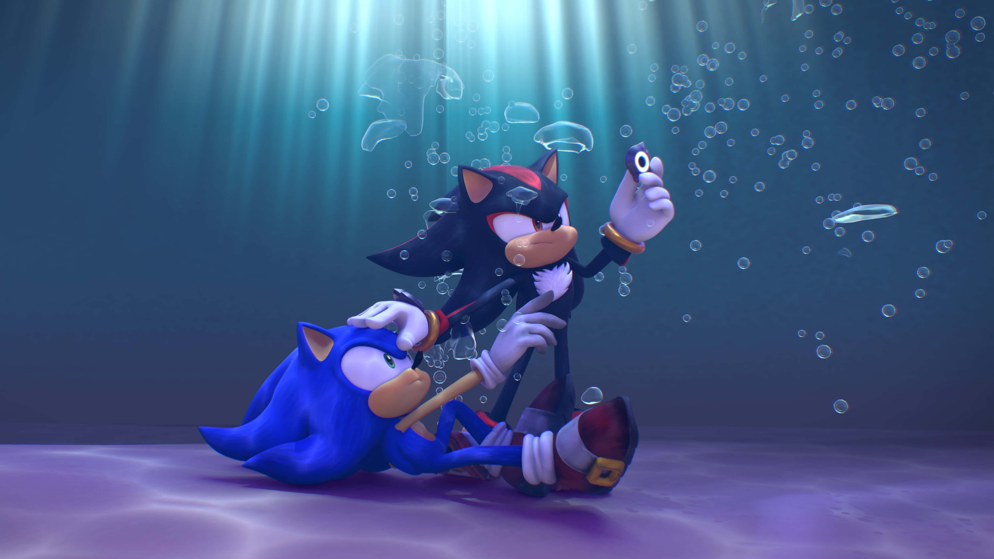 Sonic The Hedgehog 桌布 壁紙 — Sonic 和 Shadow 坐在水底紫色海床上，陽光穿過藍色海水照射在漂浮的氣泡周圍。
