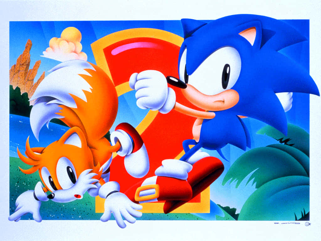 桌布 壁紙 — Sonic 和 Tails 在充滿活力的叢林中奔馳，背景有一個紅色護盾。