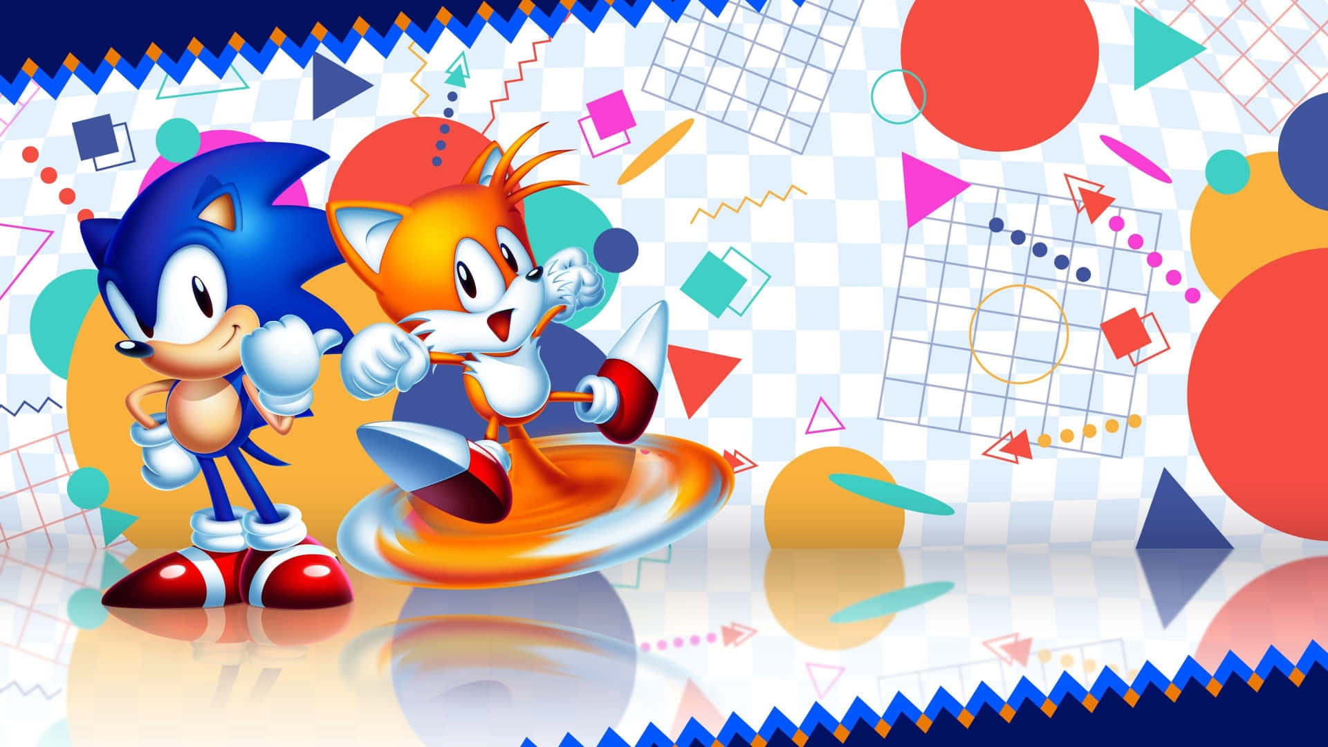 Sonic Adventure HD 桌布 壁紙 — Sonic 和 Tails 在充滿活力的 90 年代復古幾何背景上動態競速，背景具有大膽的形狀和棋盤格圖案。