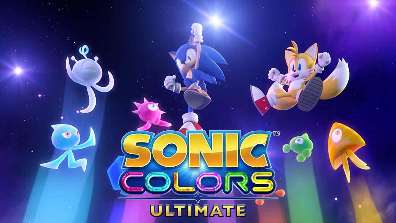 遊戲 桌布 壁紙 — Sonic 和 Tails 在充滿活力的宇宙場景中翱翔，有色彩繽紛的角色和發光的光束，背景是繁星點點的紫色天空。