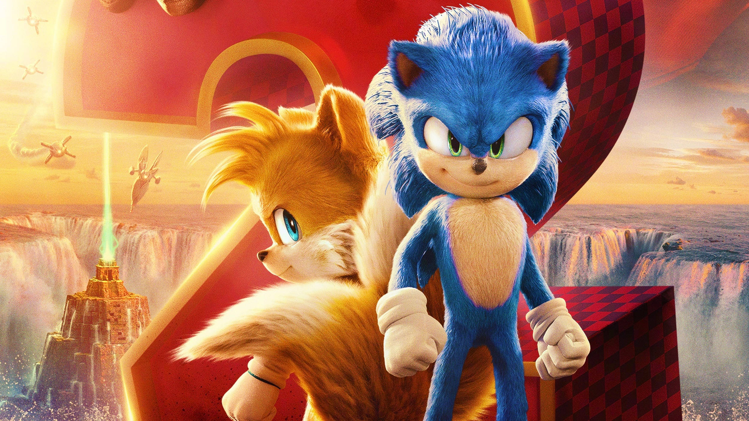 動畫 桌布 壁紙 — Sonic 和 Tails 在充滿活力的日落背景下英勇站立，背景有浮島和發光的金字塔。