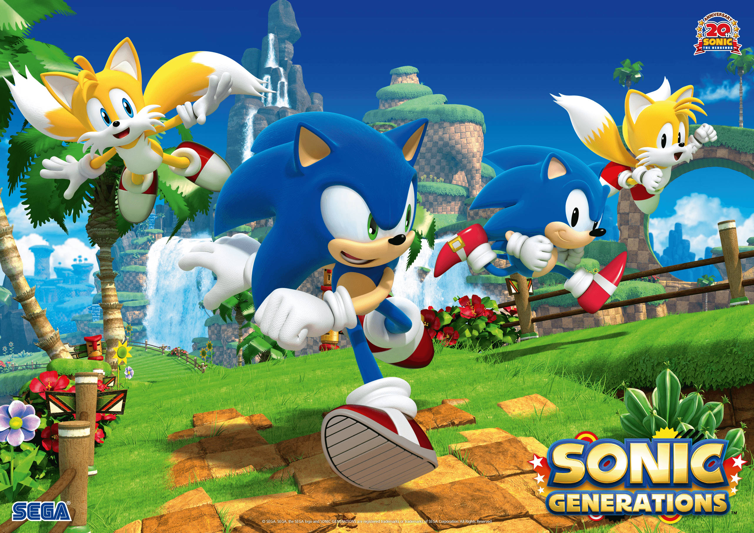 索尼克 桌布 壁紙 — Sonic 和 Tails 在明亮的藍天下，穿過充滿瀑布和石頭廢墟的充滿活力的叢林。