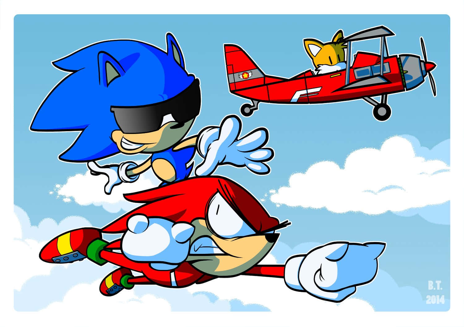 Sonic Colors 桌布 壁紙 — Sonic 和 Tails 在明亮的藍天中翱翔，伴隨著蓬鬆的白雲，而 Knuckles 則在他們下方駕駛紅色飛機飛行。