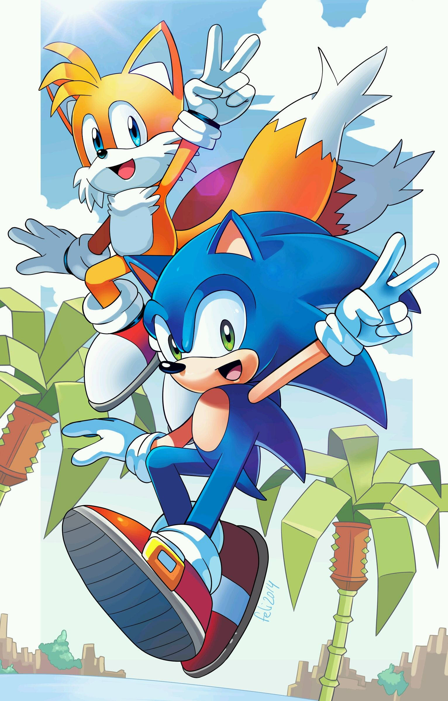 miles prower 桌布 壁紙 — Sonic 和 Tails 在明亮的天空下快樂地飛翔，下方有棕櫚樹和城市景觀，兩人都比出和平手勢。