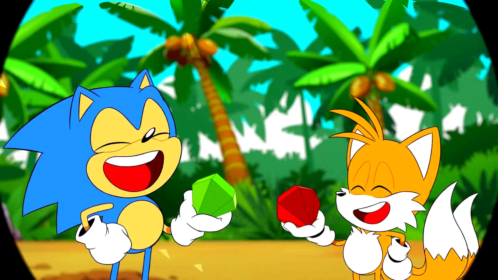 Sonic And Tails 桌布 壁紙 — Sonic 和 Tails 在熱帶叢林中歡笑，手持色彩繽紛的寶石，背景是明亮的藍天。