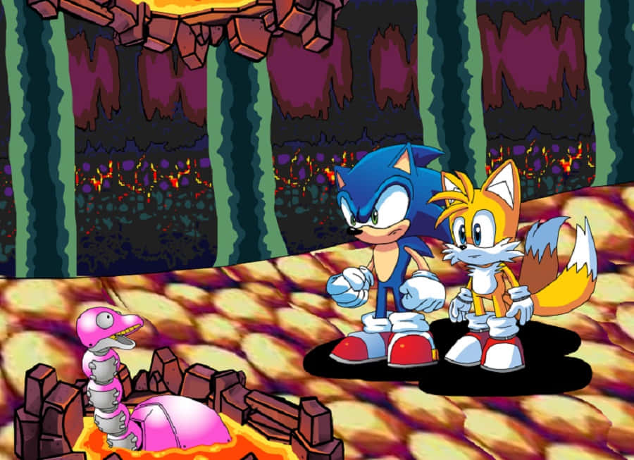 Sonic Lava Reef 桌布 壁紙 — Sonic 和 Tails 在熾熱的洞穴中保持警覺，一隻粉紅色機械恐龍從熔岩中出現。