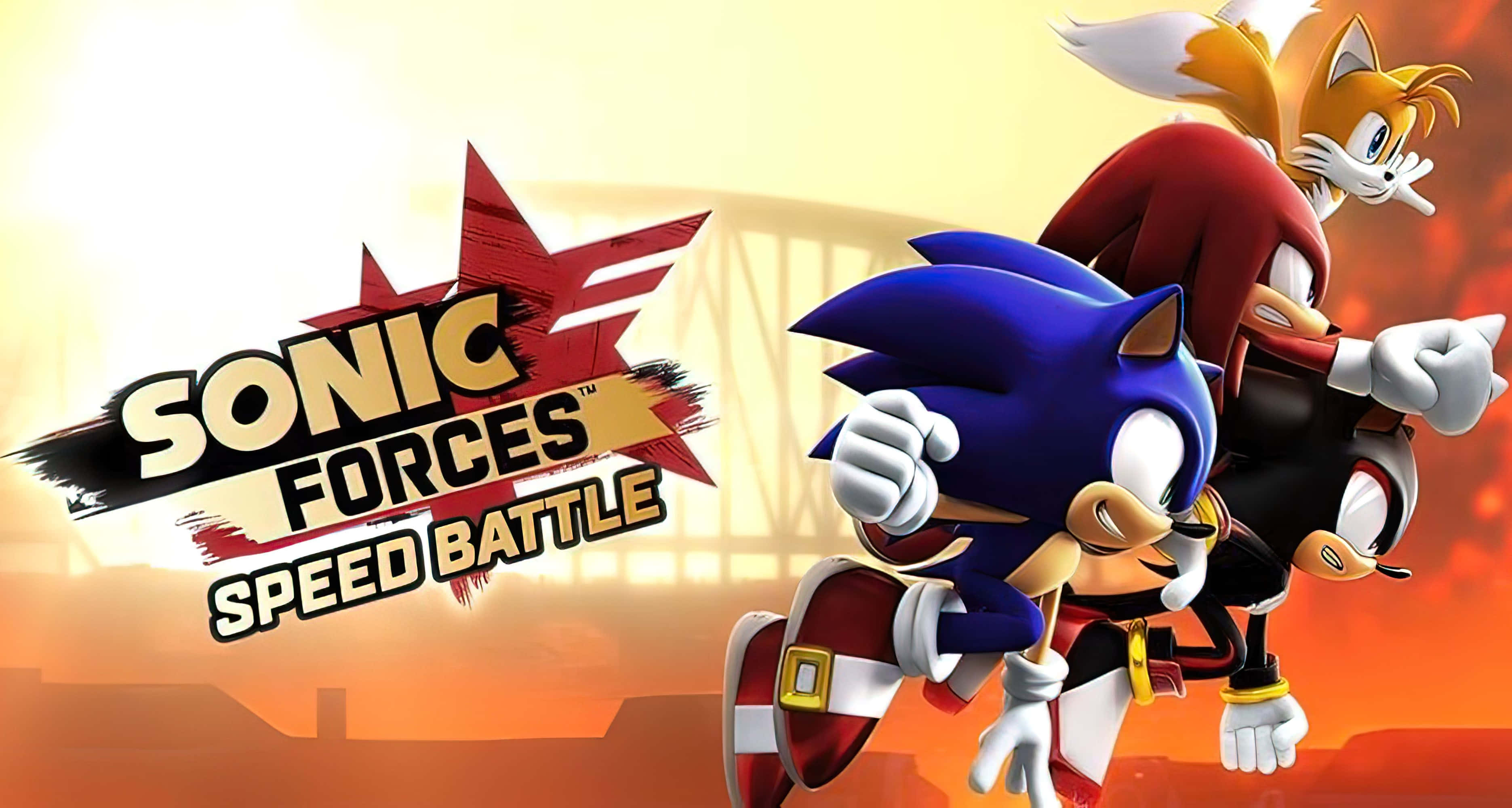 Sonic Forces Speed Battle 桌布 壁紙 — Sonic 和 Tails 在熾熱的日落背景下動態競速，並帶有 Sonic Forces Speed Battle 標誌。