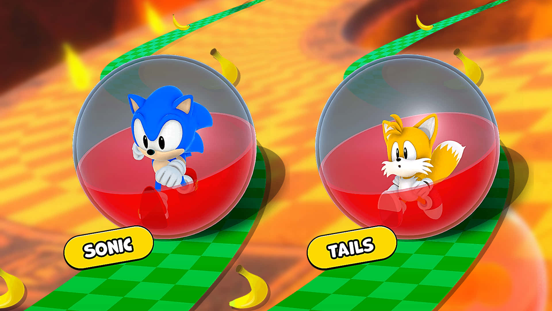 Sonic And Tails 桌布 壁紙 — Sonic 和 Tails 在透明泡泡中沿著綠色格子賽道飛馳，香蕉飛過。