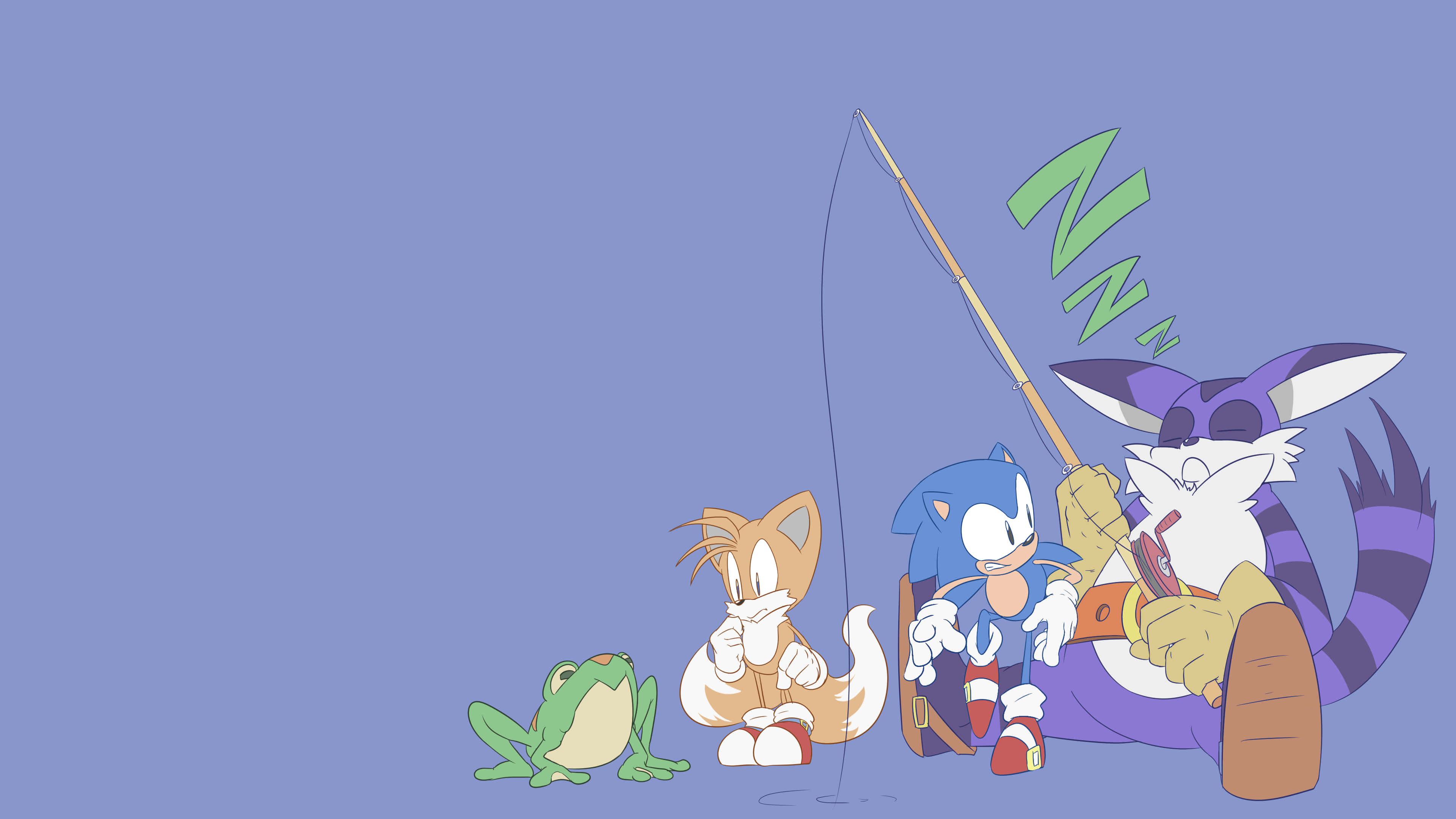 Big The Cat 桌布 壁紙 — Sonic 和 Tails 在釣魚，一隻青蛙在觀看，一隻睡著的狐狸在他們旁邊打盹，背景是純藍色。