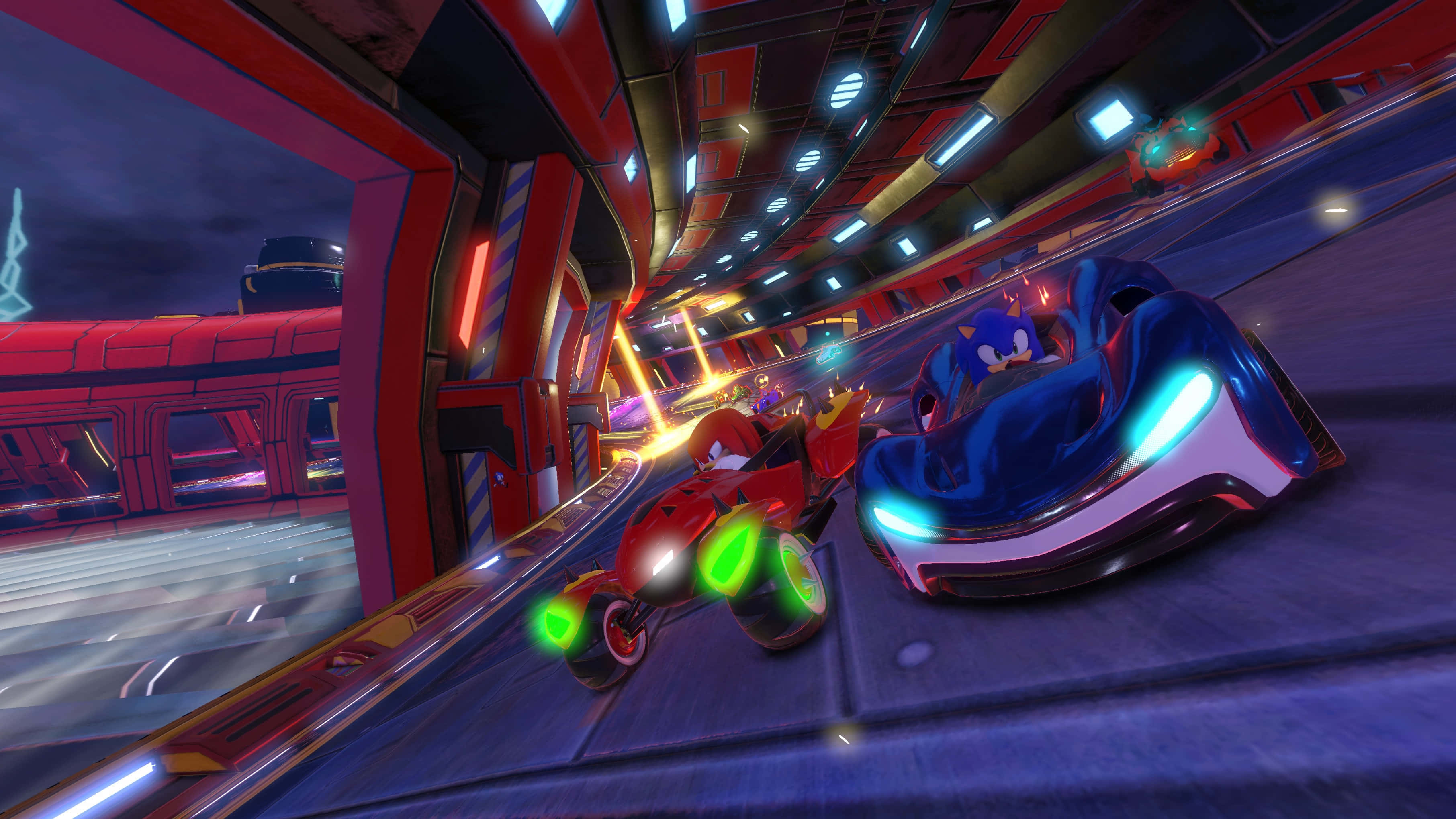 Sonic Battle Racers 桌布 壁紙 — Sonic 和 Tails 在霓虹燈照亮的地下隧道中駕駛發光的未來風格卡丁車競速。