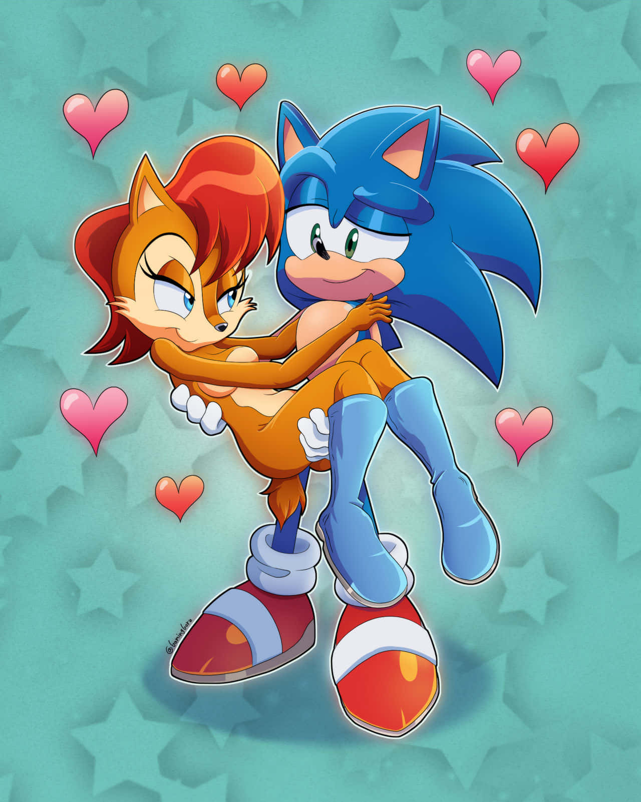 Sonic And Sally 桌布 壁紙 — Sonic 和 Tails 在青綠色星空背景下被漂浮的心形包圍，溫柔地擁抱。