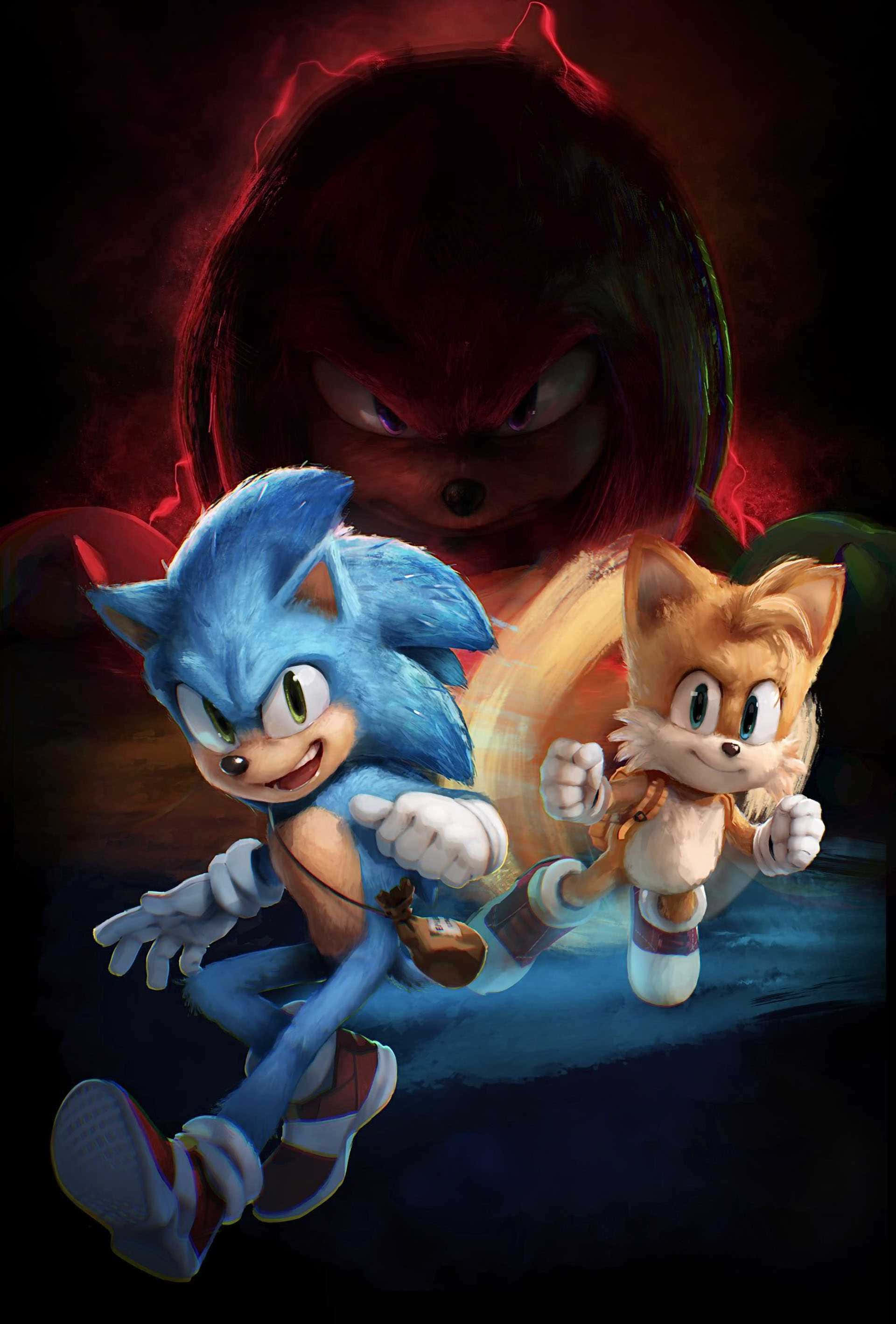 Sonic And Knuckles 桌布 壁紙 — Sonic 和 Tails 決心向前衝刺，一個威脅性的紅色陰影在他們後面的黑暗戲劇性場景中若隱若現。