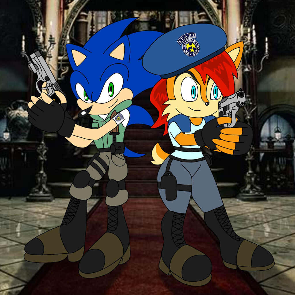 Sonic And Sally 桌布 壁紙 — Sonic 和 Tails 穿著 STARS 制服在帶有彩繪玻璃和石拱門的哥德式大教堂中瞄準手槍。