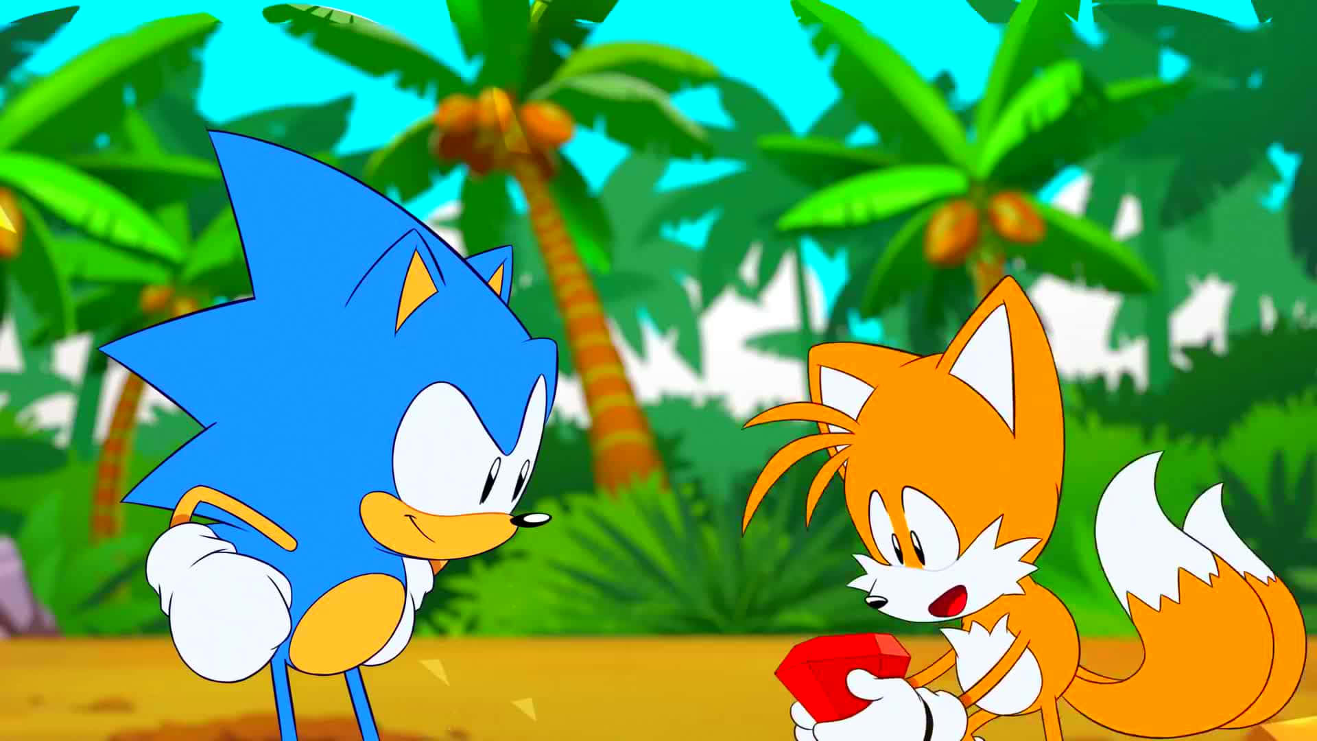 Sonic And Tails 桌布 壁紙 — Sonic 和 Tails 站在一個充滿活力的熱帶叢林中，身後有棕櫚樹和明亮的藍天。