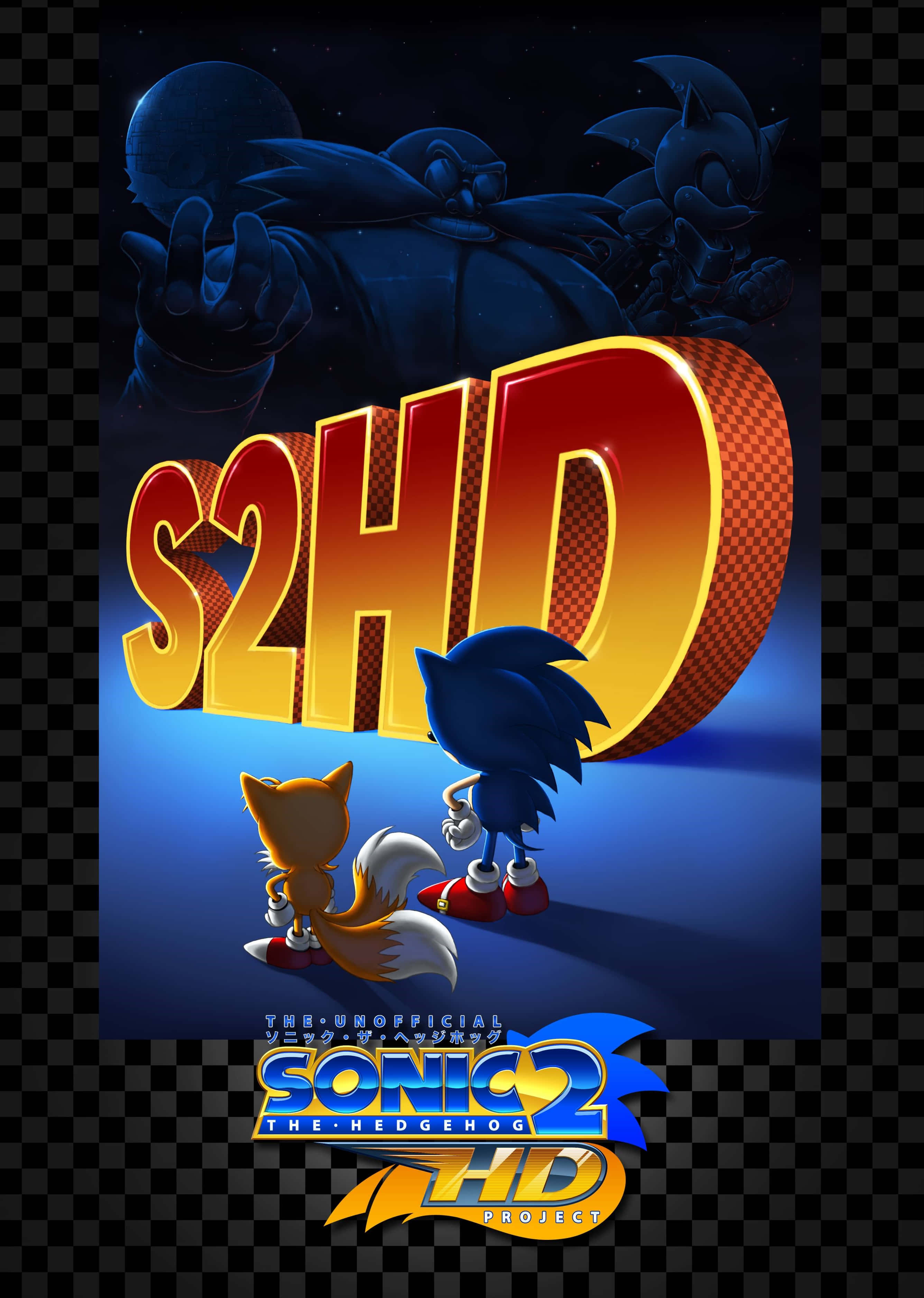 桌布 壁紙 — Sonic 和 Tails 站在一個巨大發光的 S2HD 標誌前，Dr. Eggman 在黑暗背景中若隱若現。
