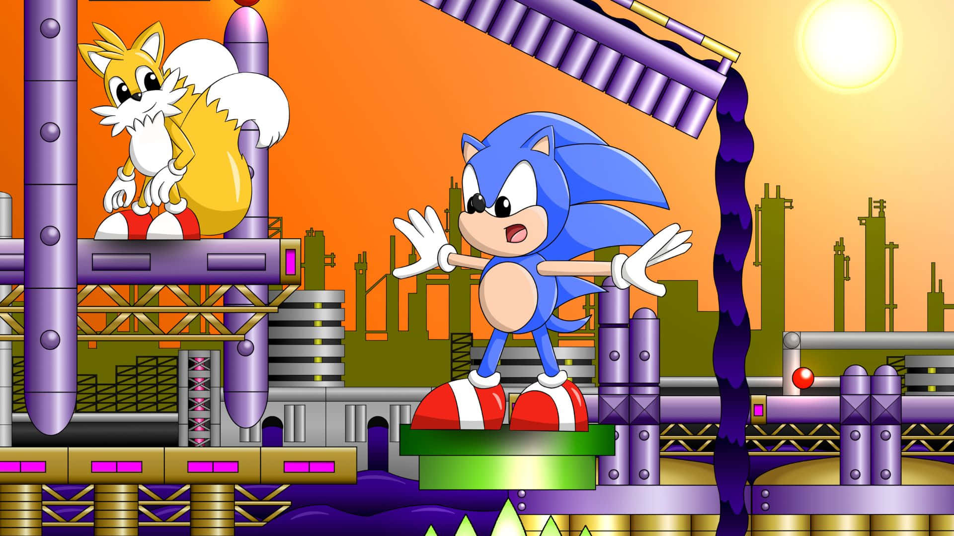 Sonic Oil Ocean Zone 桌布 壁紙 — Sonic 和 Tails 站在一個充滿活力的工業平台上，太陽閃耀，背景是城市景觀。