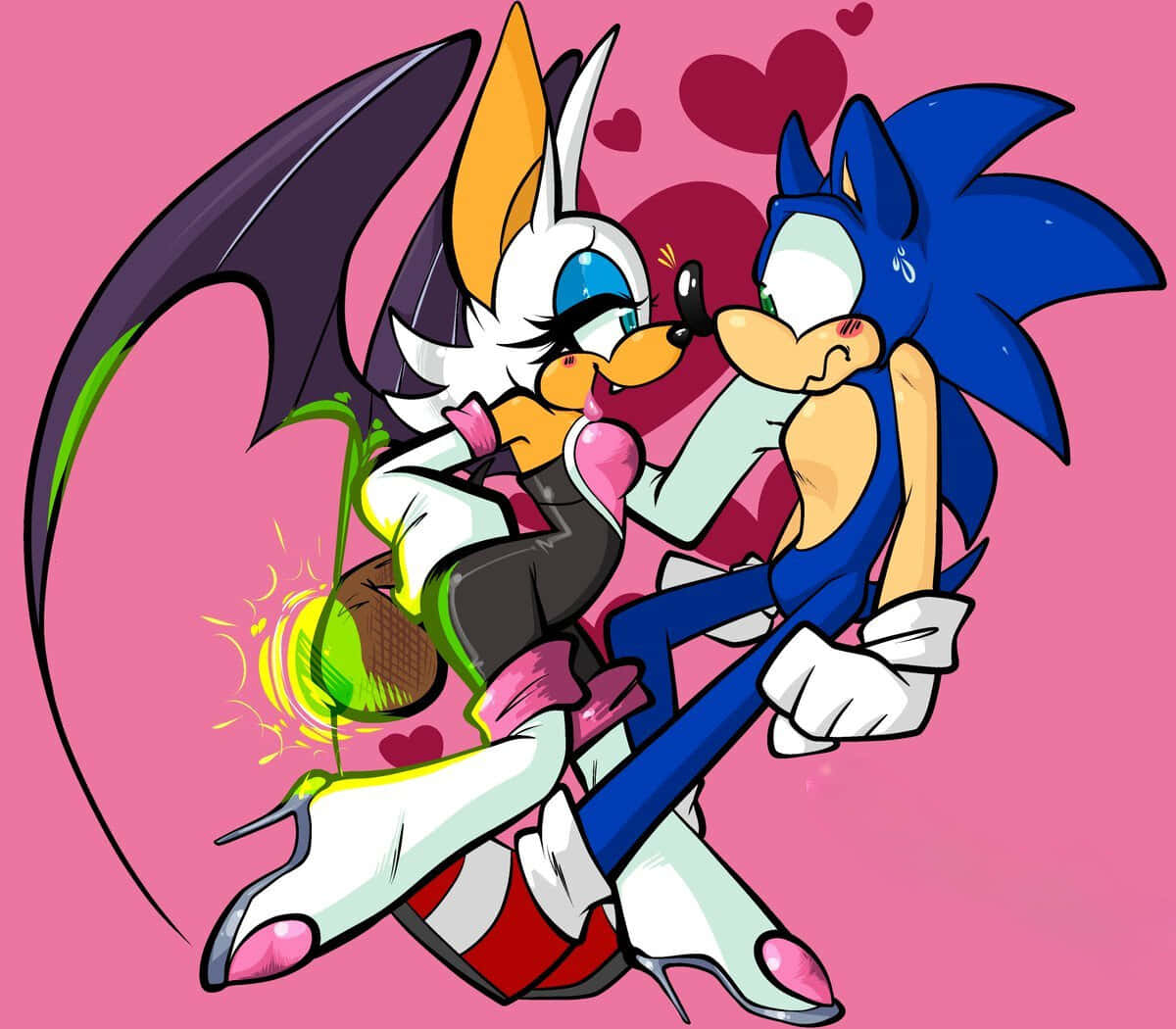 Sonic And Rouge 桌布 壁紙 — Sonic 和一個類似蝙蝠的角色在一個充滿粉紅色心形的背景前熱情擁抱。