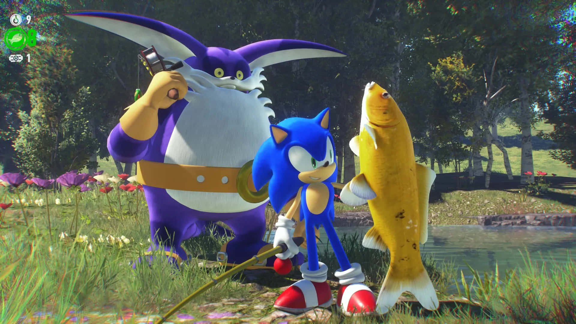 Sonic Characters 桌布 壁紙 — Sonic 和一隻紫色兔子角色自豪地展示在陽光明媚的草地上釣魚時捕獲的一條巨型黃魚。