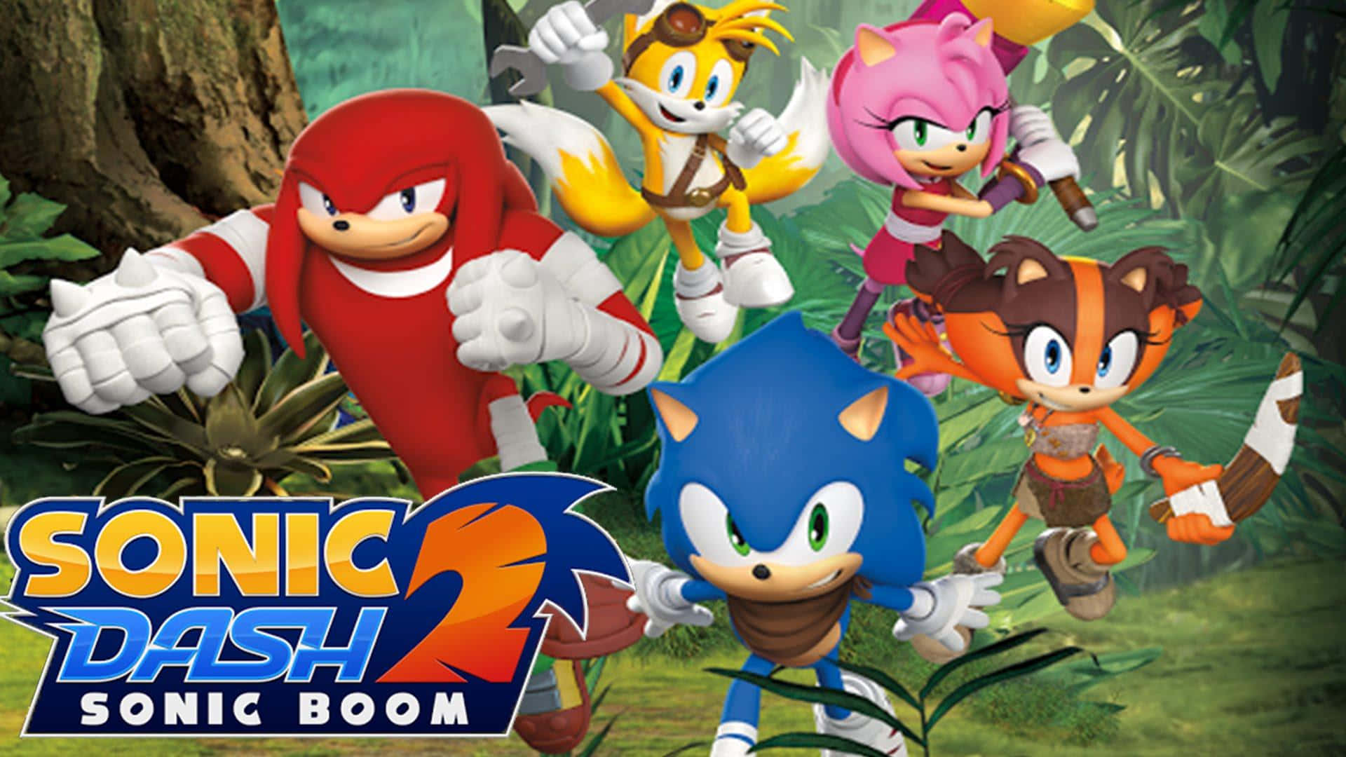 Sonic Dash 桌布 壁紙 — Sonic 和朋友們在充滿活力的綠色和鮮明角色色彩的茂密叢林中飛馳。