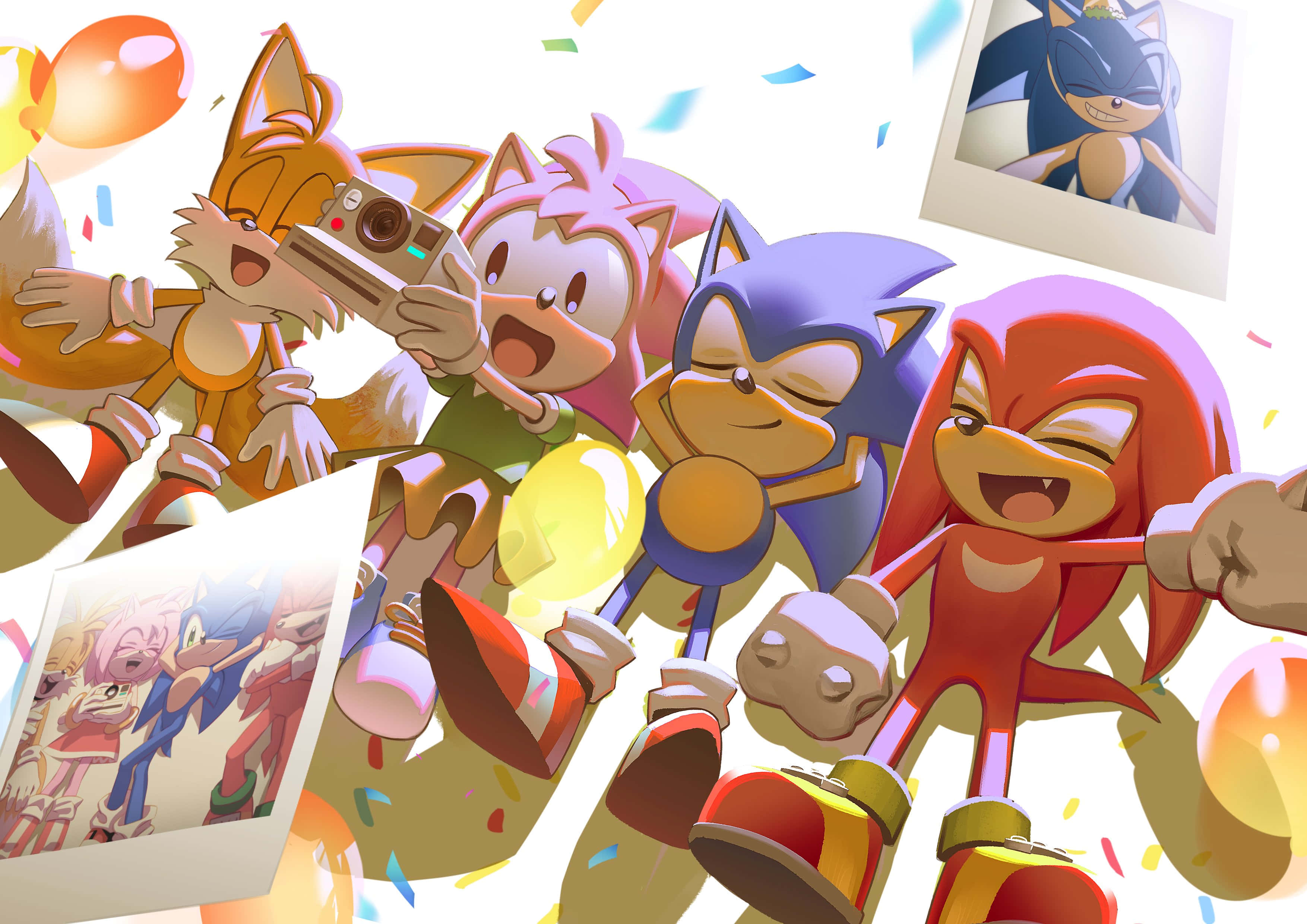 Sonic And Tails 桌布 壁紙 — Sonic 和朋友們在明亮歡樂的場景中用五彩紙屑氣球和拍立得照片慶祝。