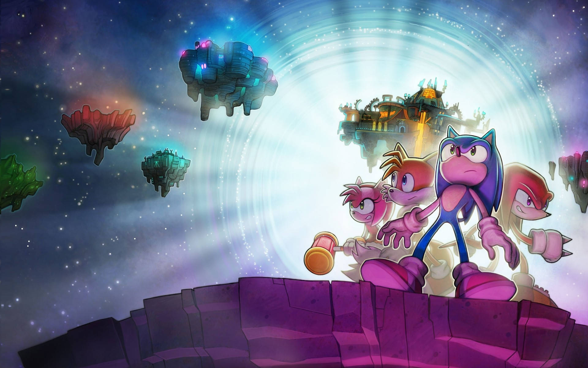 Amy Rose 桌布 壁紙 — Sonic 和朋友們站在紫色懸崖邊緣，凝視著一個發光的宇宙傳送門，周圍有漂浮的外星結構，背景是星空。