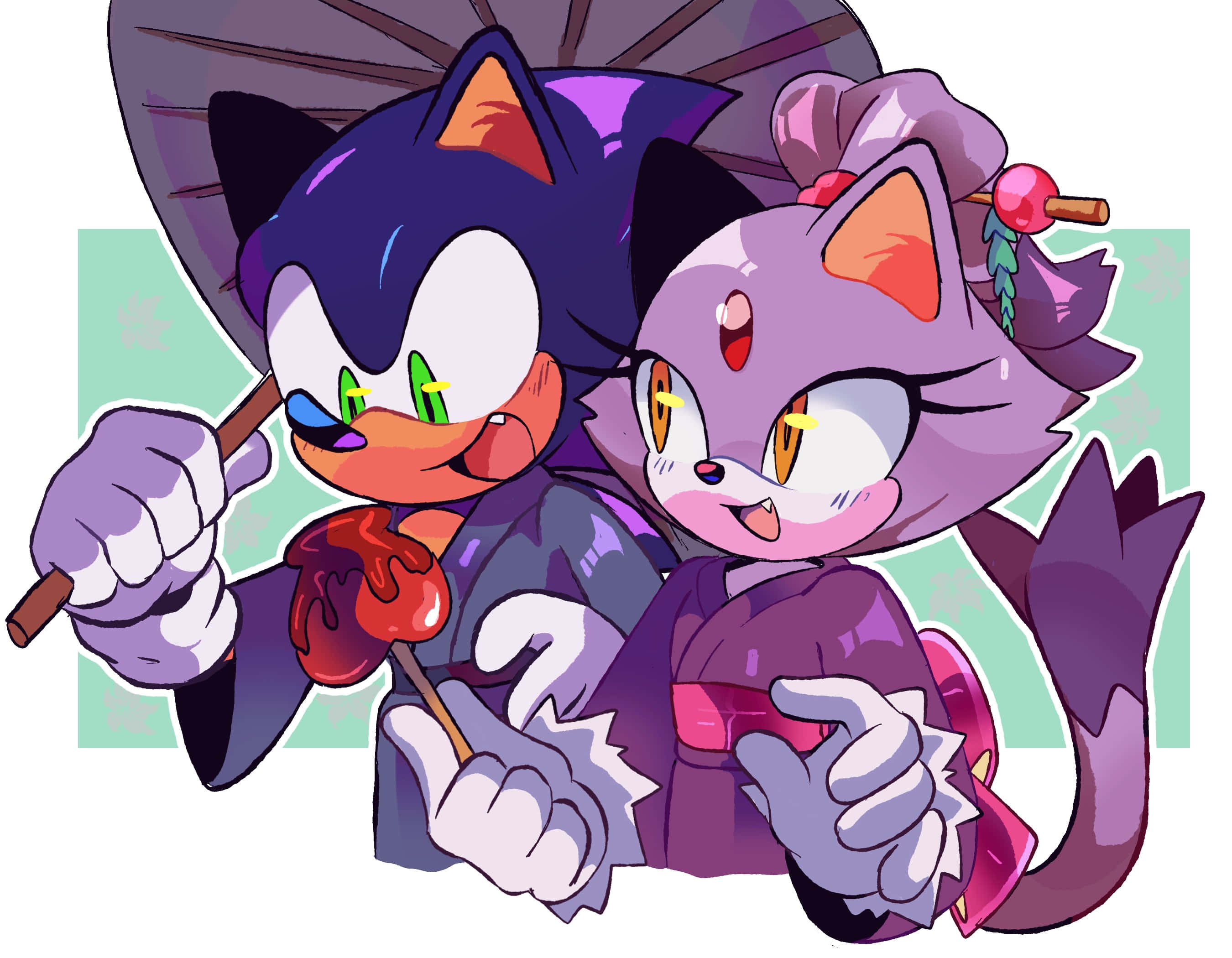 Sonic And Blaze 桌布 壁紙 — Sonic 和紫色貓咪穿著和服，在柔和的綠色背景前開心分享糖果。