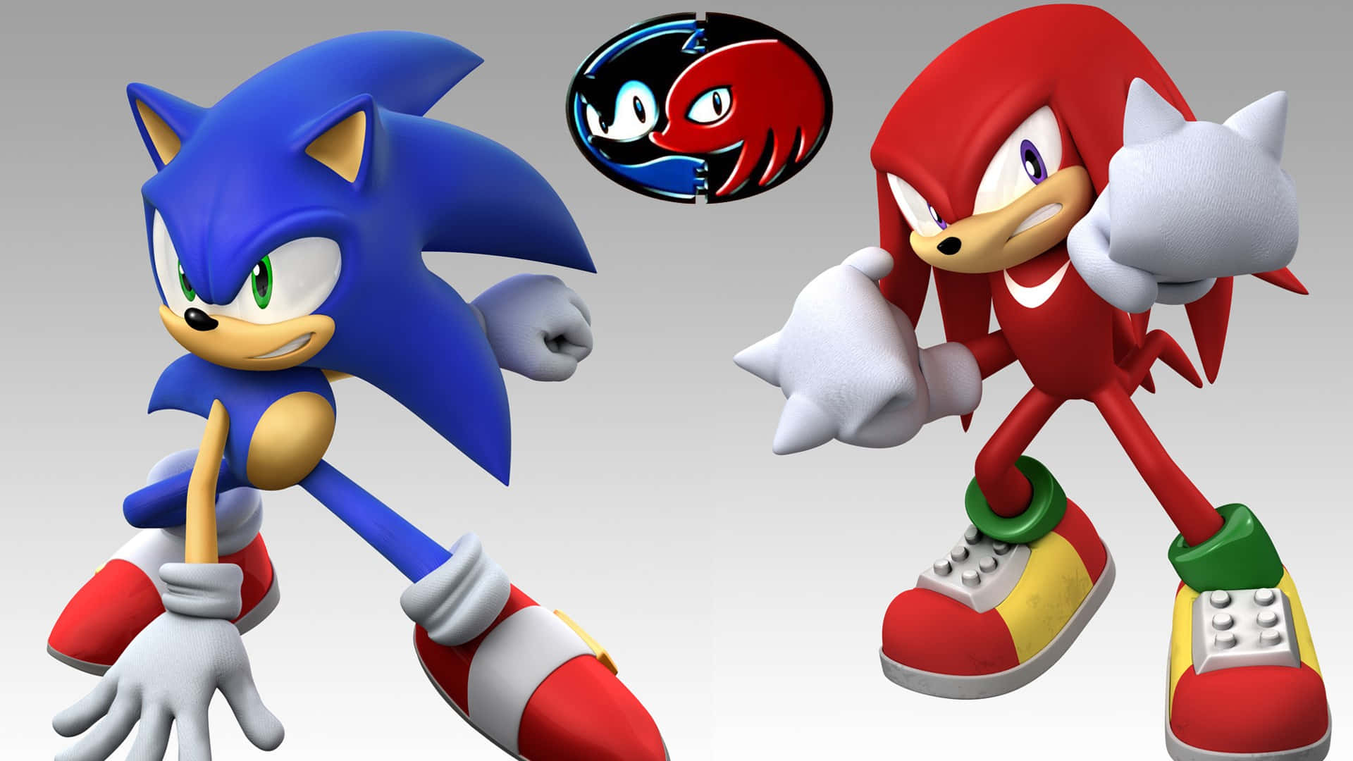 Sonic And Knuckles 桌布 壁紙 — Sonic 與 Knuckles 以經典姿勢和鮮豔色彩，在純灰色背景前準備戰鬥。