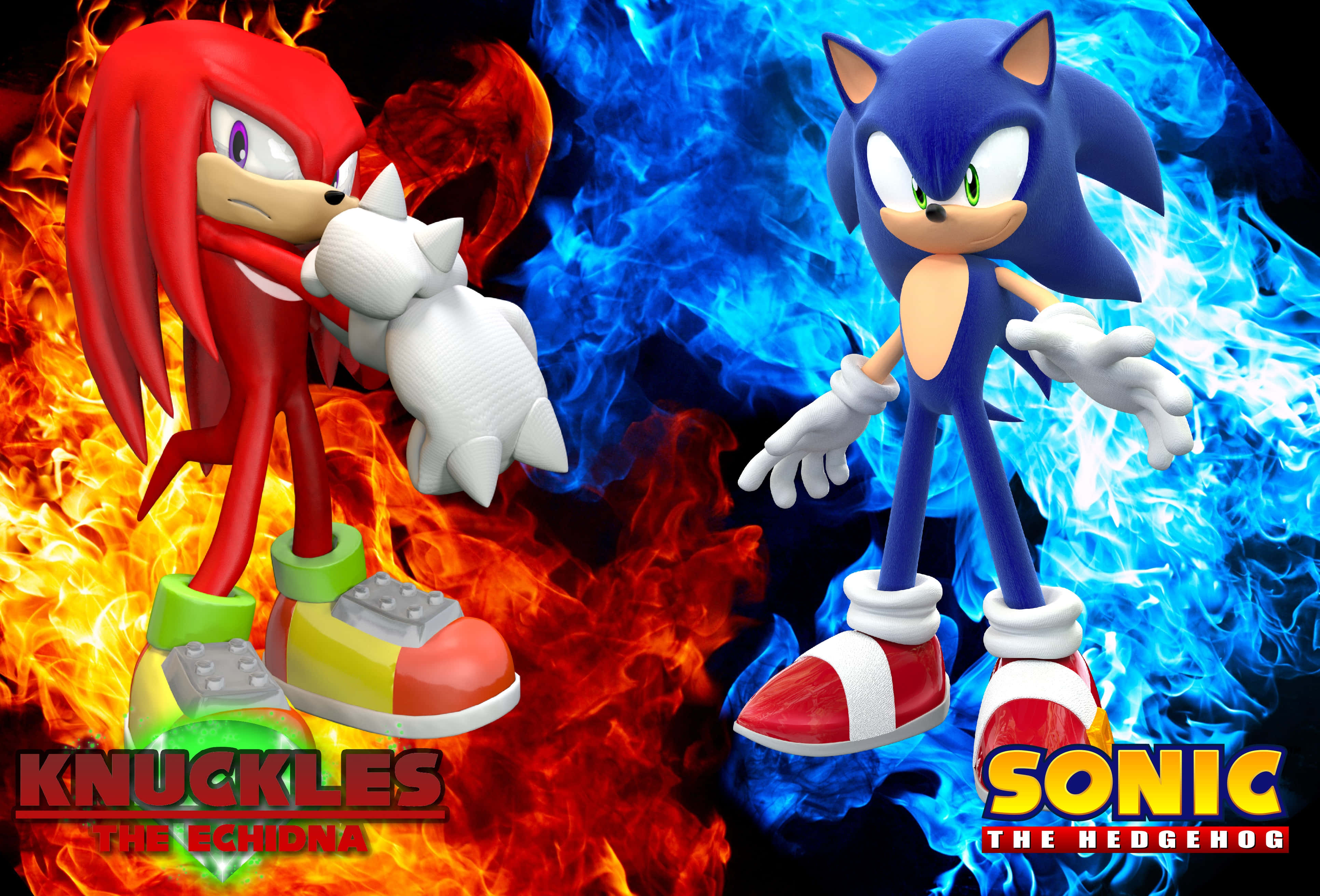 Sonic And Knuckles 桌布 壁紙 — Sonic 與 Knuckles 在熾熱的紅色和冰冷的藍色元素火焰中對峙，姿態戲劇化，角色設計大膽。