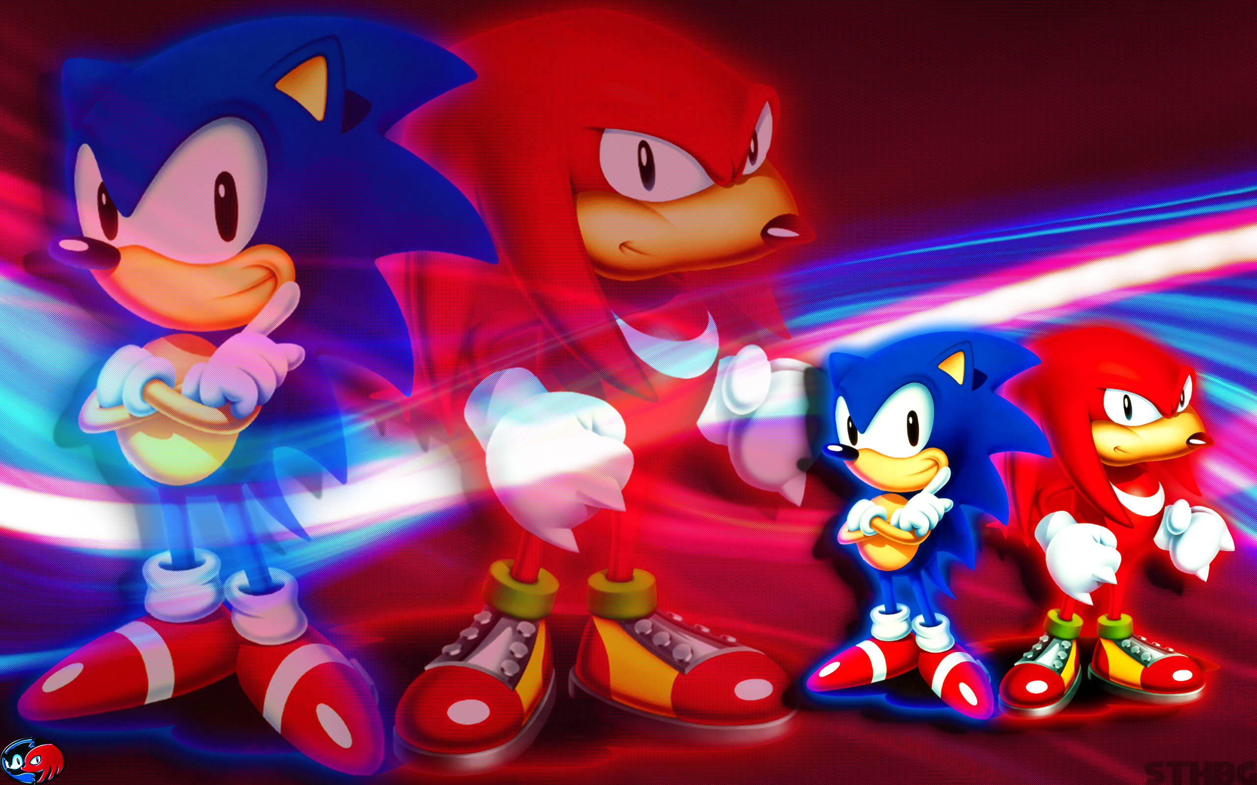 Knuckles 桌布 壁紙 — Sonic 與 Knuckles 在充滿活力的紅色和藍色動態模糊背景上，帶著發光的軌跡向前衝刺。
