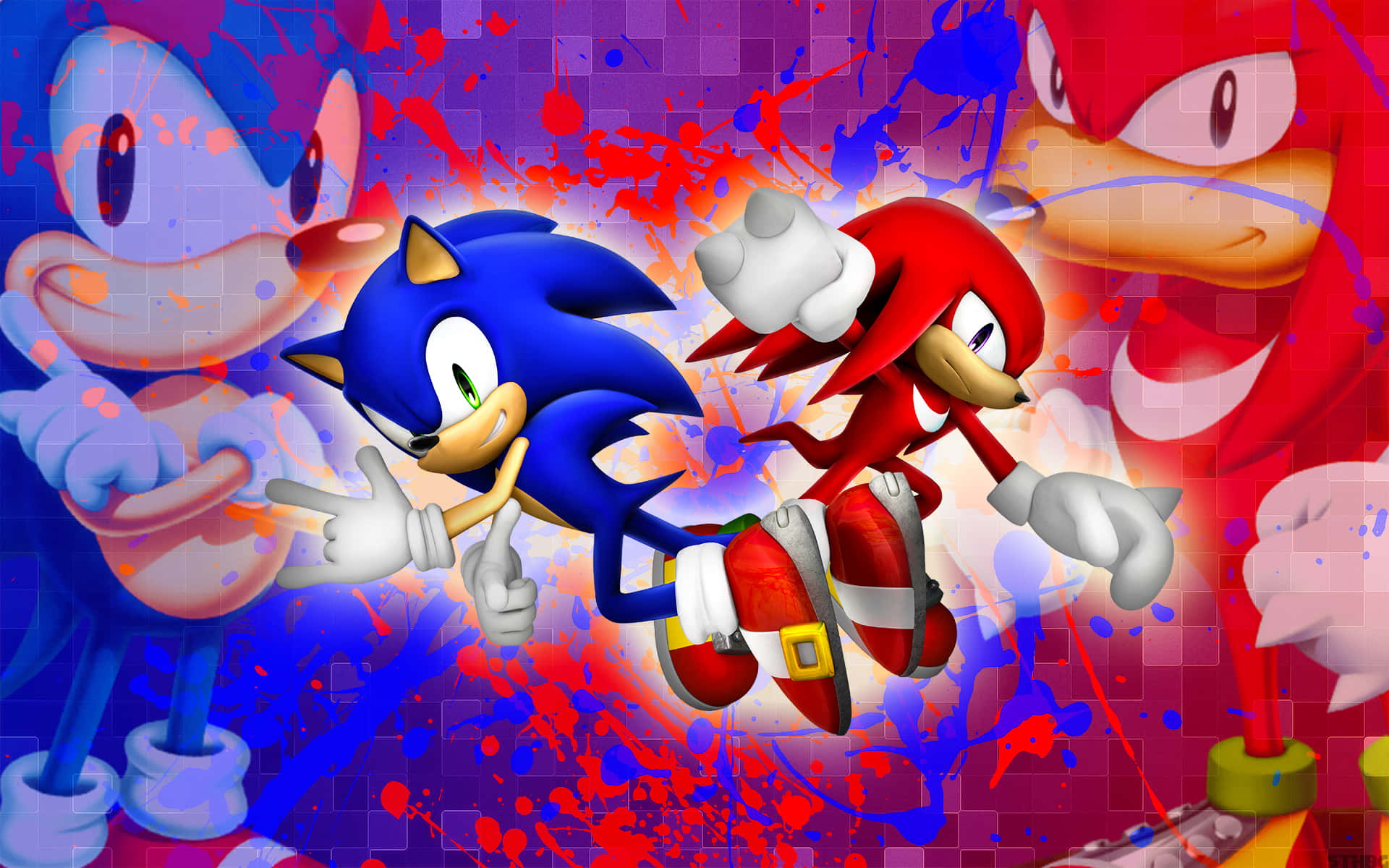 Sonic And Knuckles 桌布 壁紙 — Sonic 與 Knuckles 在充滿活力的塗鴉風格背景上動態競賽，背景帶有飛濺顏料和像素網格。