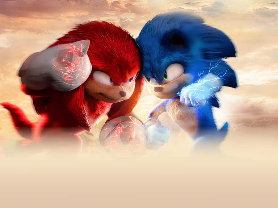 Sonic The Hedgehog 桌布 壁紙 — Sonic 與 Knuckles 在戲劇性的天空下對峙，手中閃爍著劈啪作響的能量球。